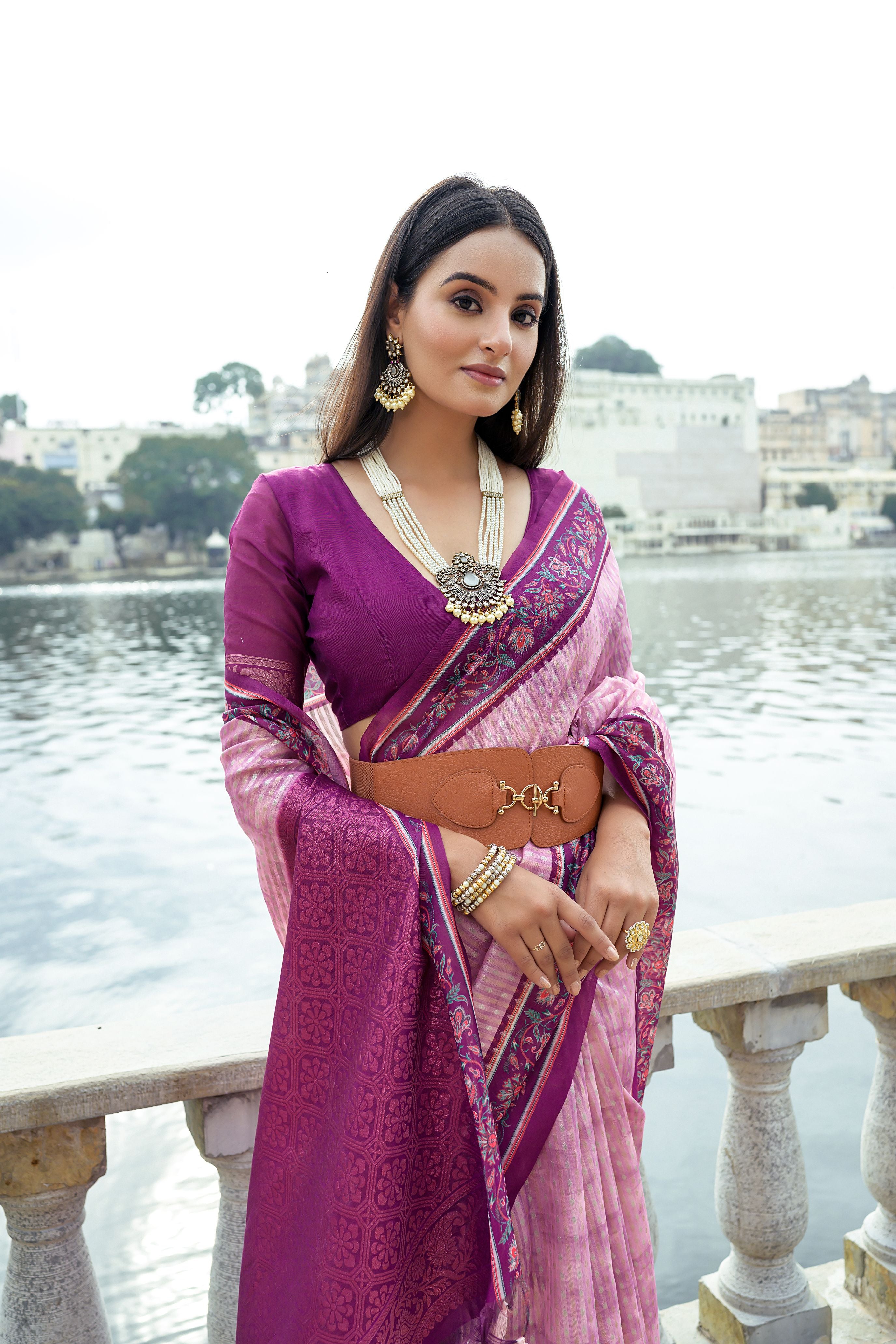 French Pink Soft Raw Silk Saree With Flower Printed Contrast Border