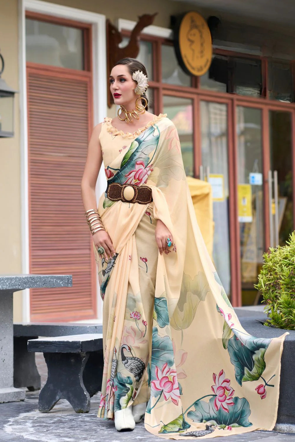 Gleaming Cream Floral Pure Georgette Saree