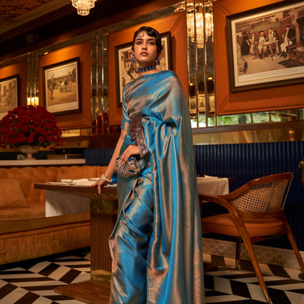 Turquoise kanjivaram Soft Silk Saree With Blouse