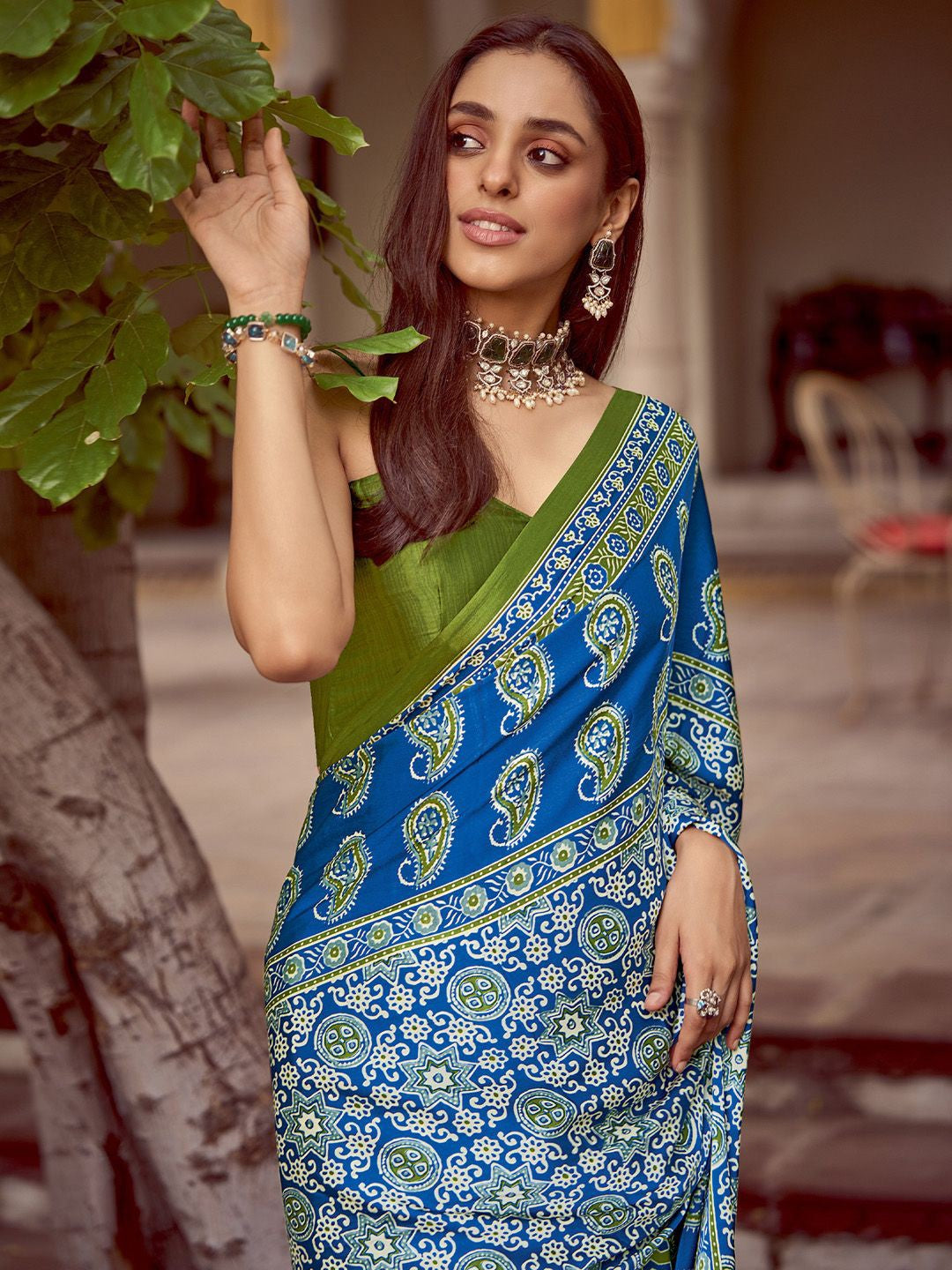 Blue New Ajrakh Printed Satin Crepe Saree