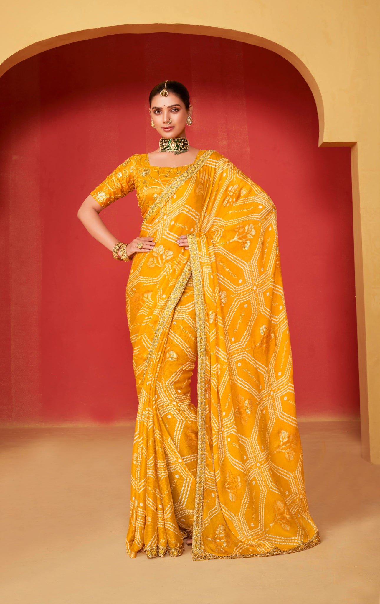 Yellow Moss Chiffon Foil Mill Print And Embroidery Work Border Saree With Fancy Work Blouse Sbs4