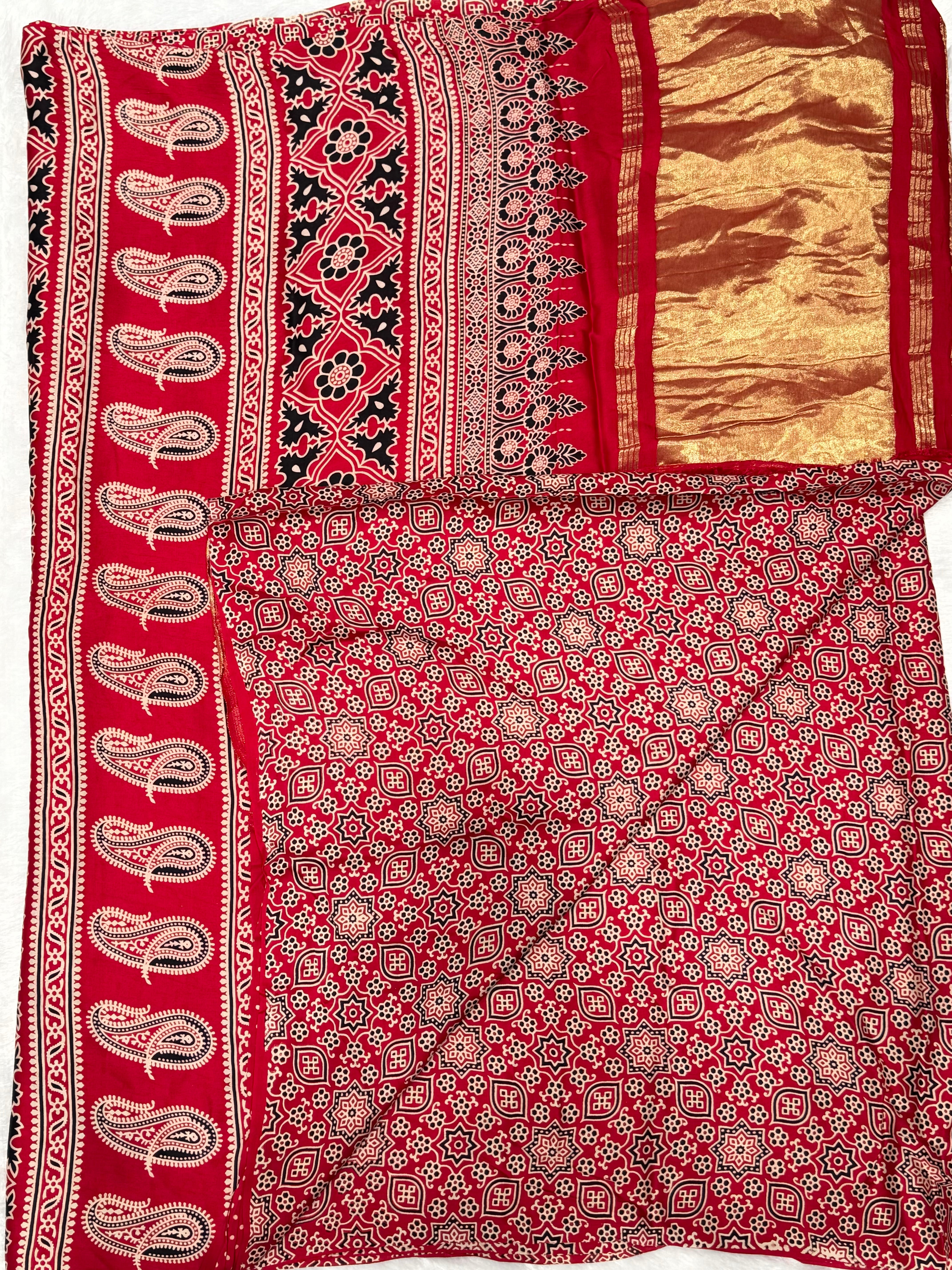 Blood Red Ajrakh Hand Block Modal Silk Saree With Zari Pallu A1-5