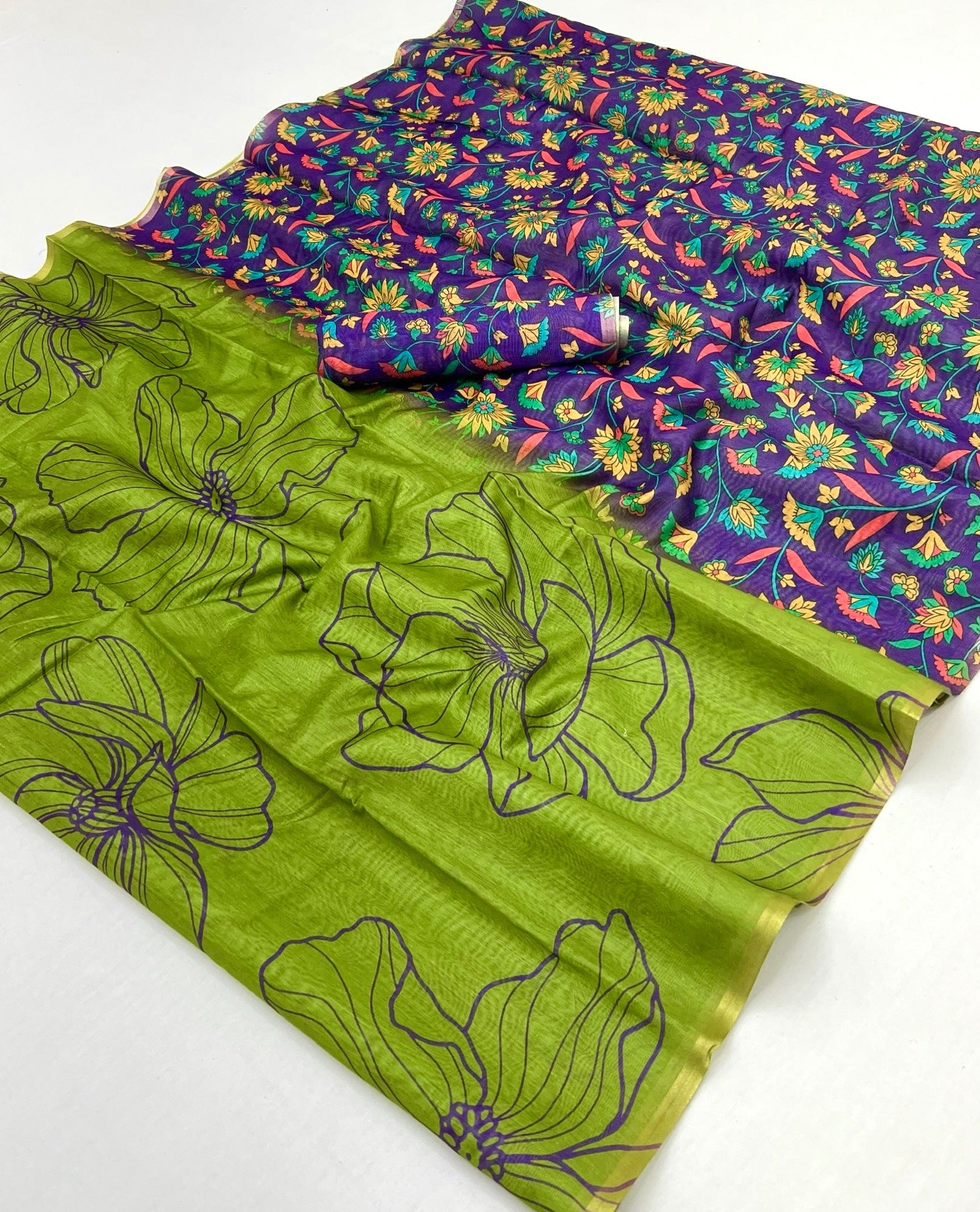 Moss Green Chanderi Linen Soft Silk Saree