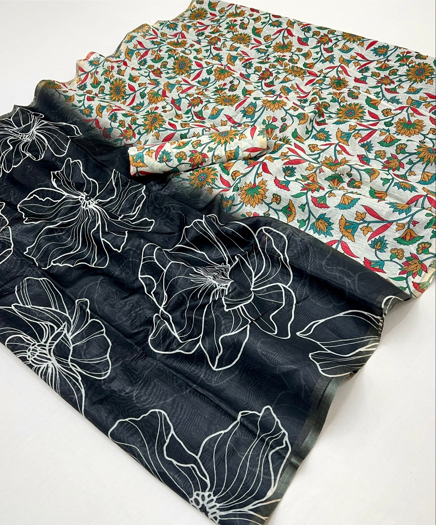 Obsidian Black Chanderi Linen Soft Silk Saree