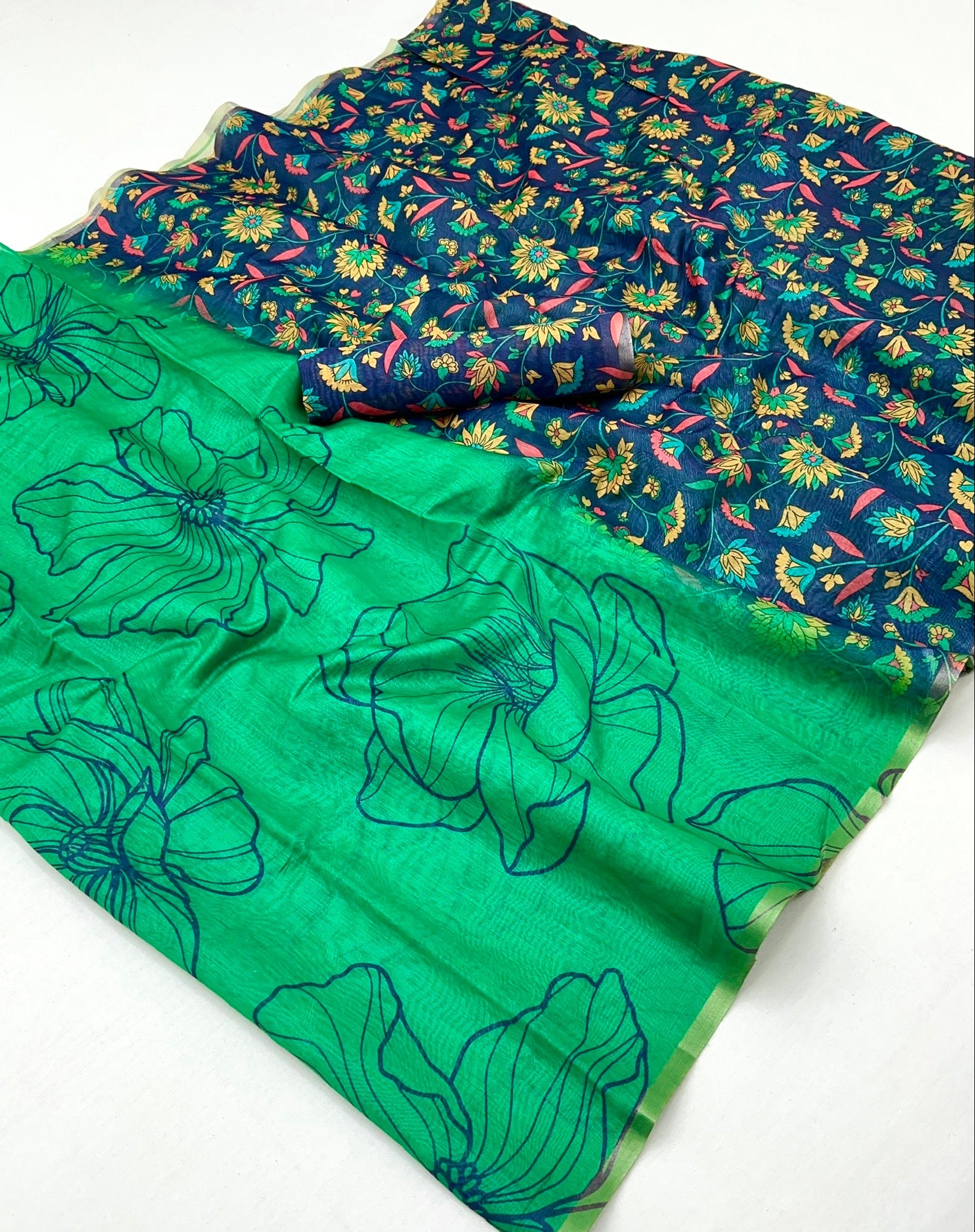 Rama Green Chanderi Linen Soft Silk Saree