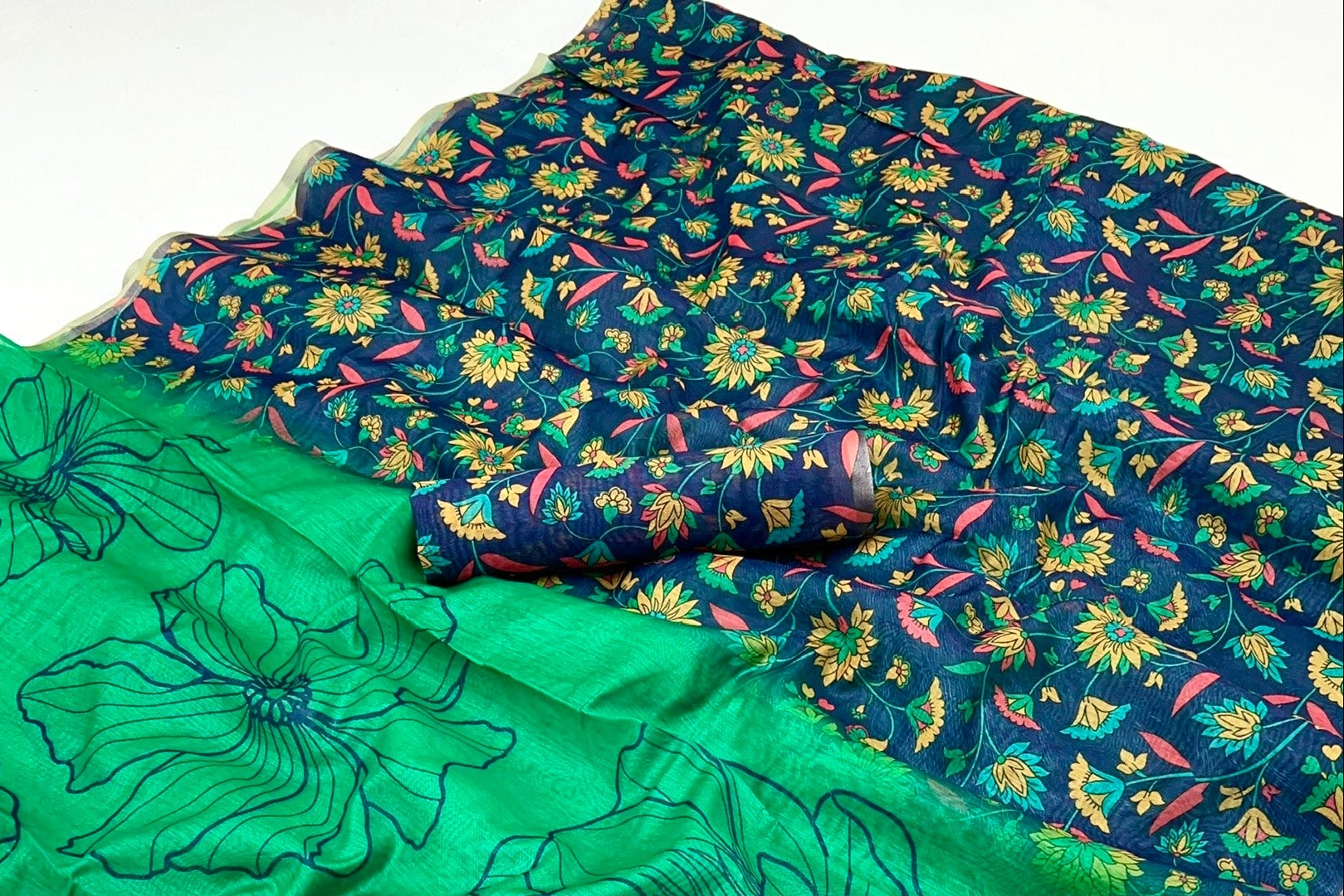 Rama Green Chanderi Linen Soft Silk Saree
