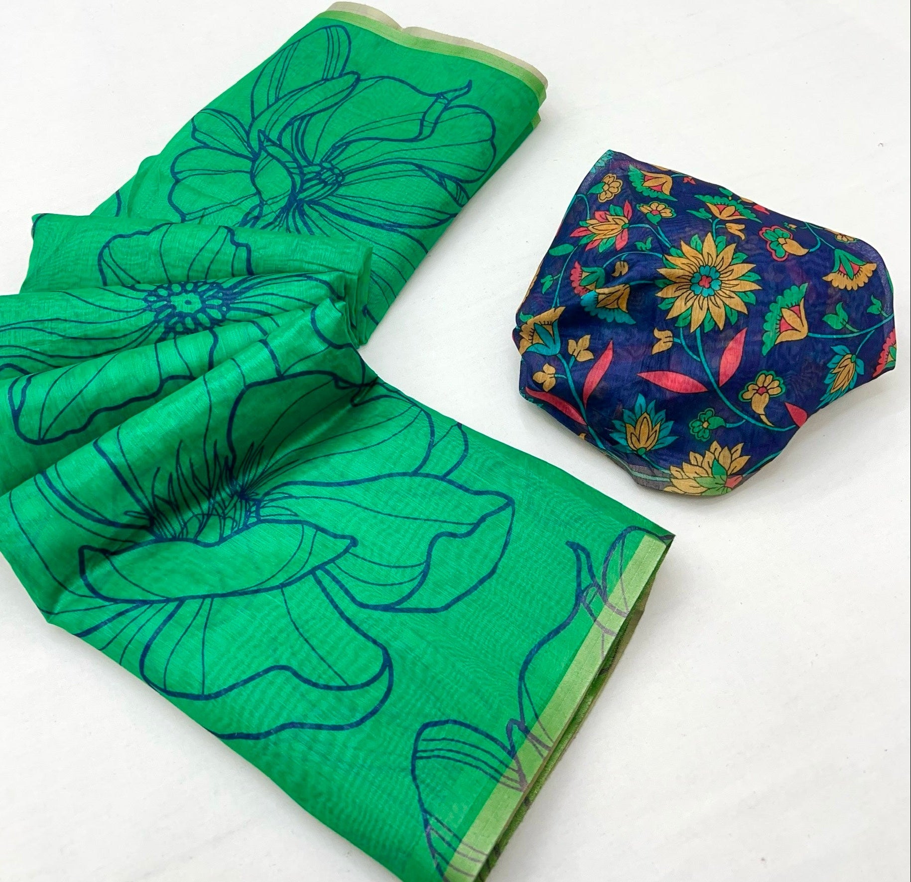 Rama Green Chanderi Linen Soft Silk Saree