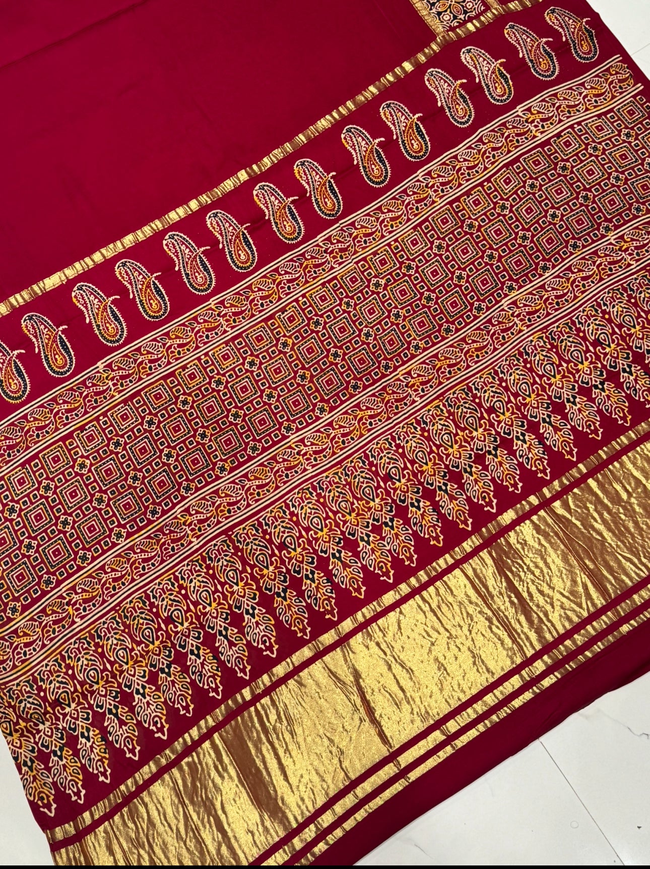 Maroon Ajrakh Gharchola Border Hand Block Pure Modal Silk Saree With Fancy Ajrakh And Zari Pallu 1