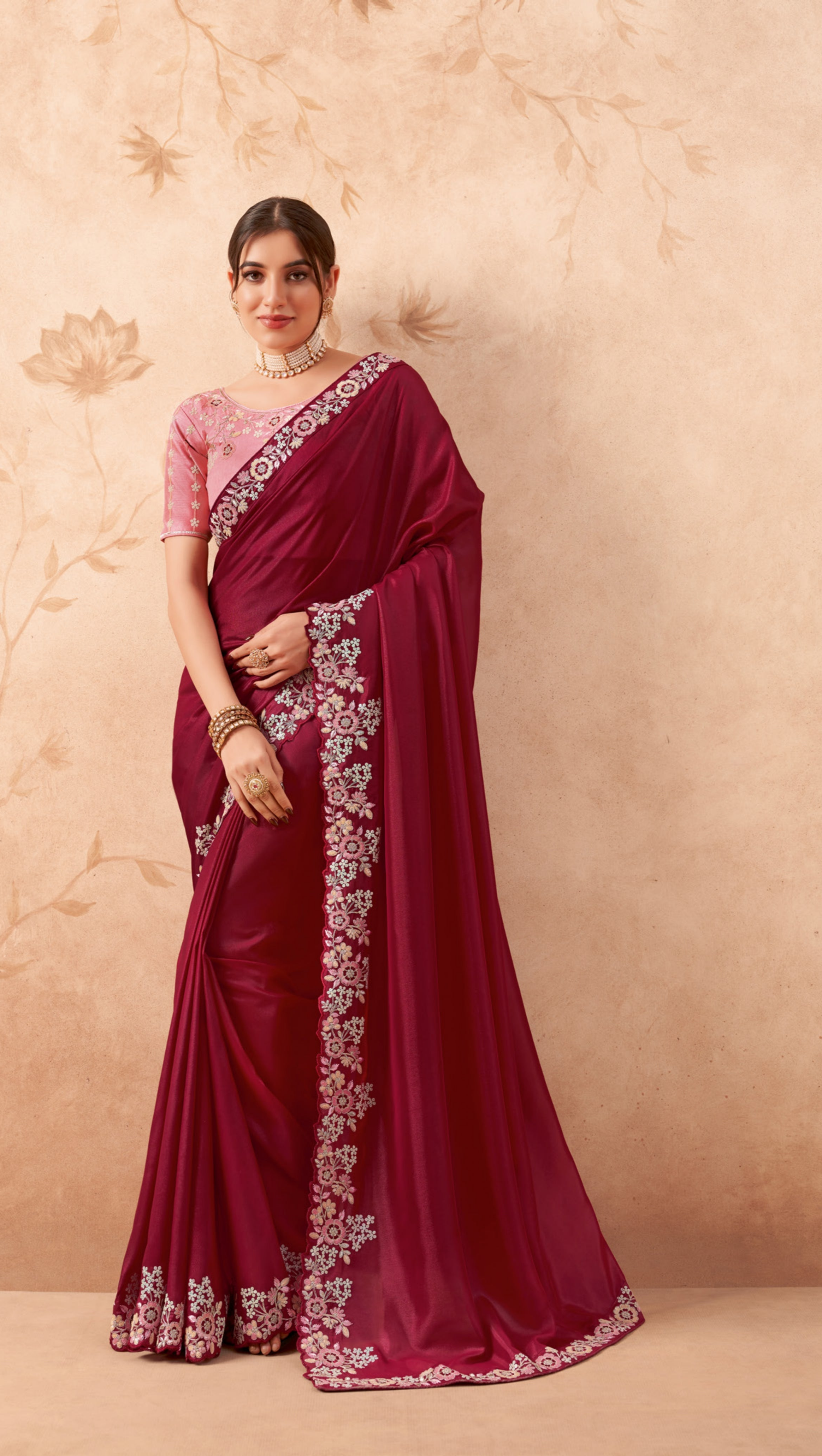 Stunning Maroon Fancy Embroidered Party Wear Saree