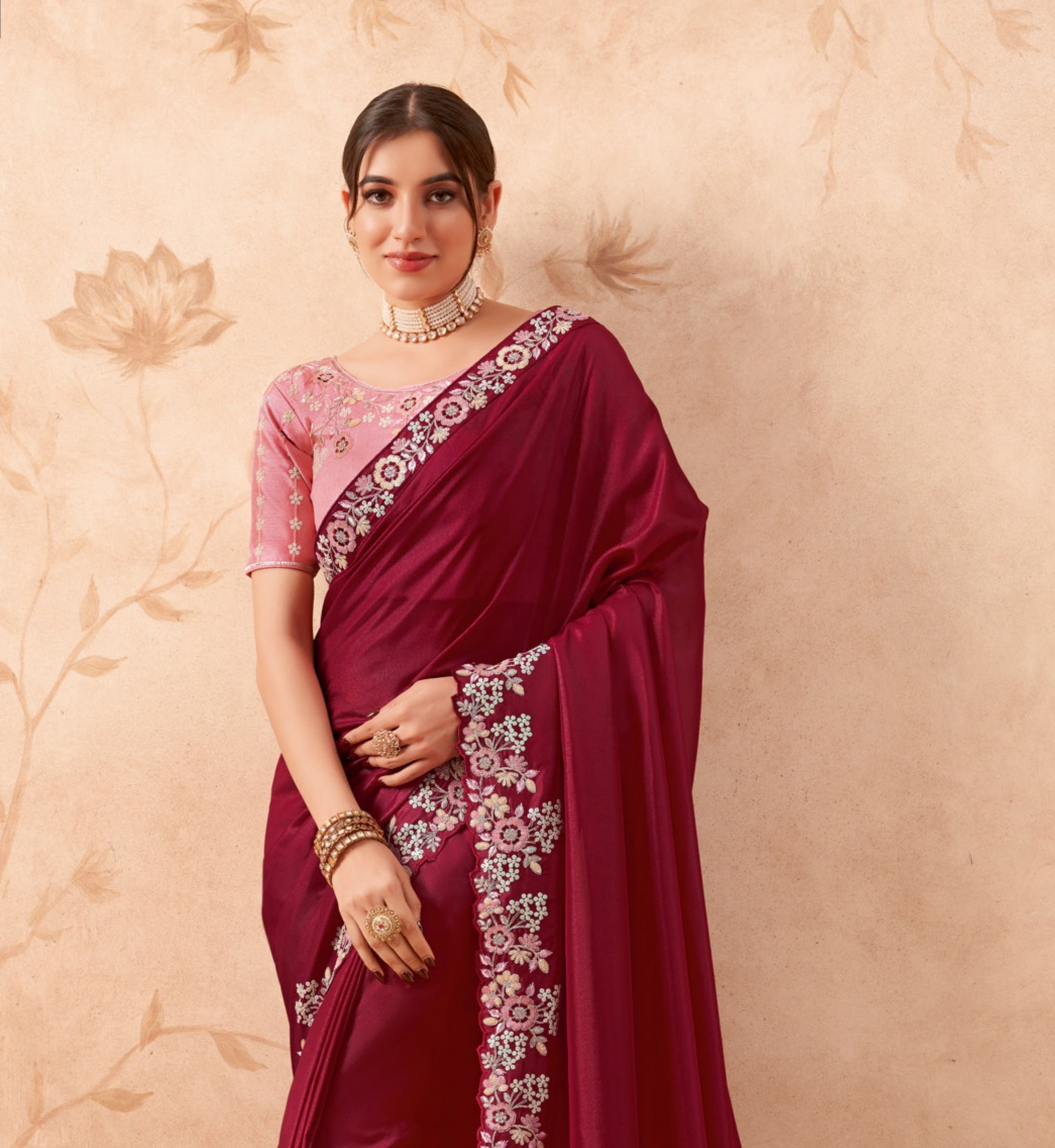 Stunning Maroon Fancy Embroidered Party Wear Saree