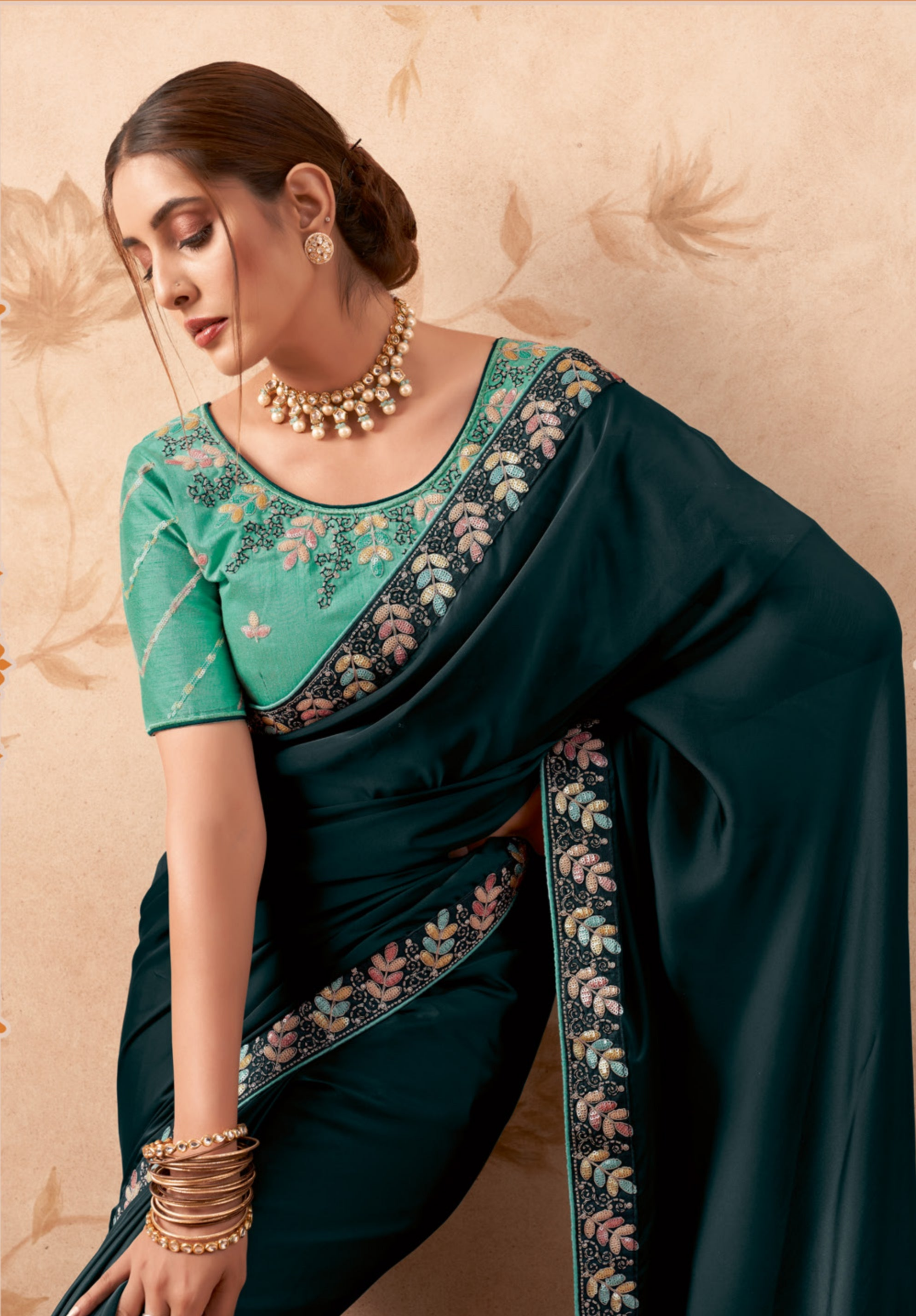 Dazzling Dark Green Fancy Embroidered Party Wear Saree