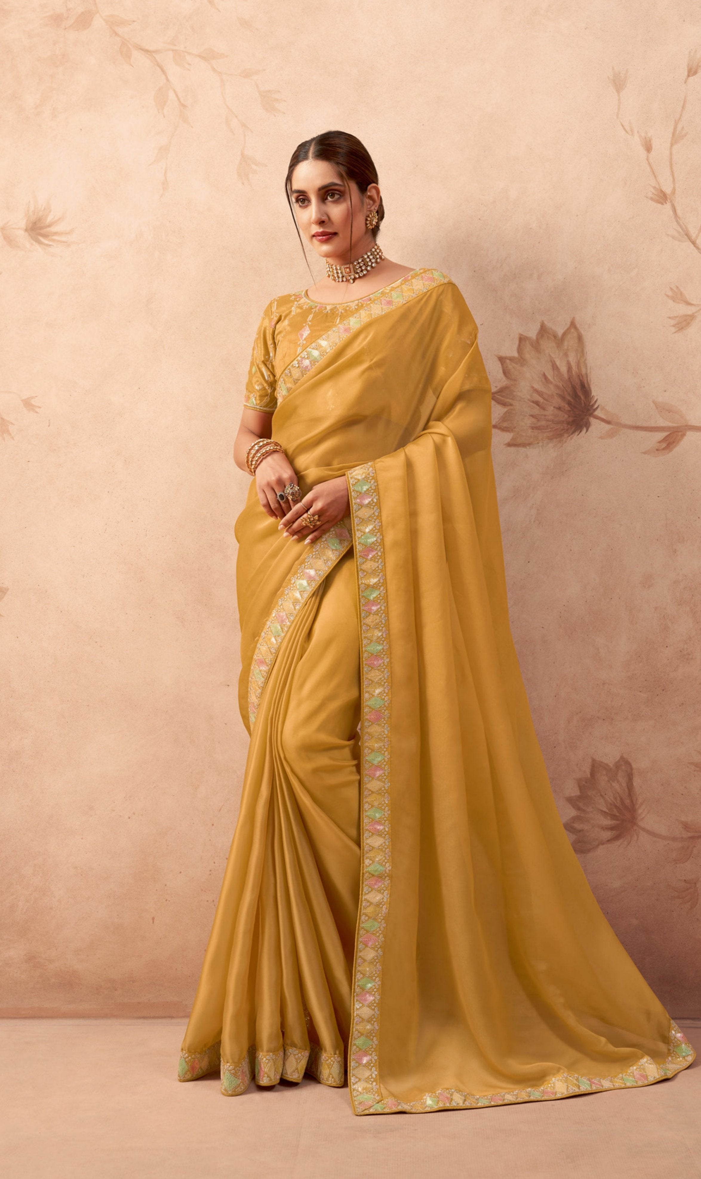 Stylish Mustard Fancy Embroidered Party Wear Saree