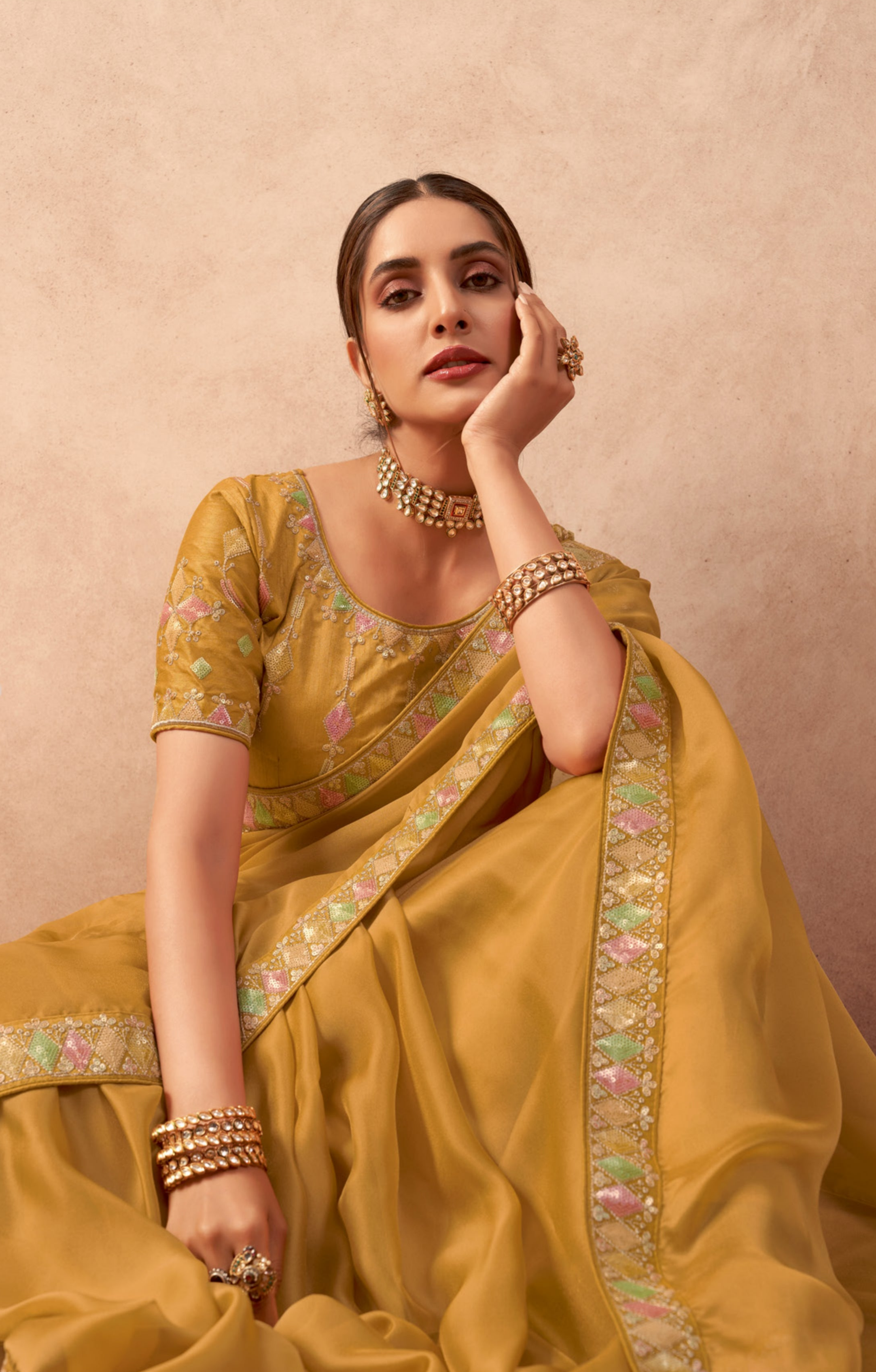 Stylish Mustard Fancy Embroidered Party Wear Saree