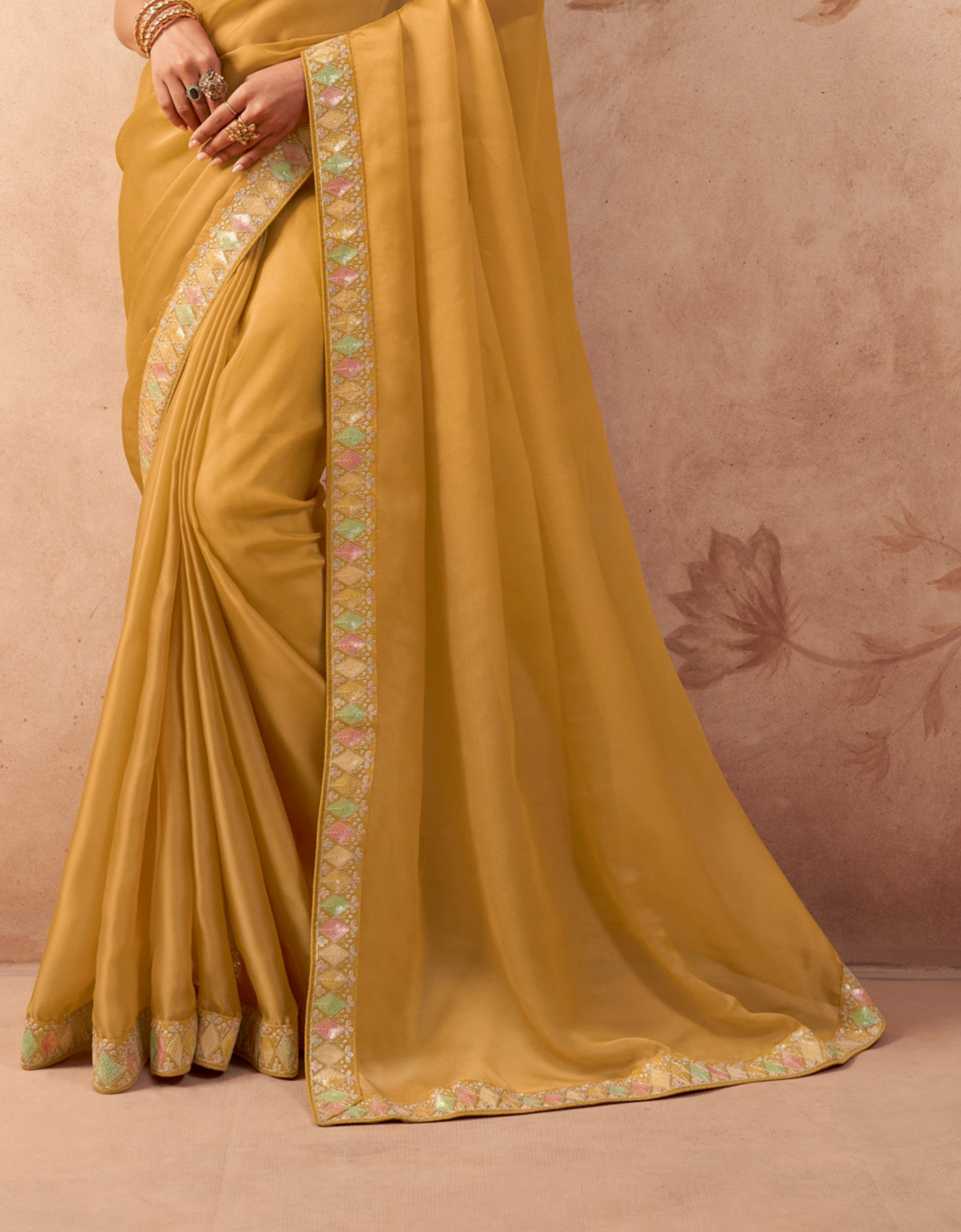 Stylish Mustard Fancy Embroidered Party Wear Saree