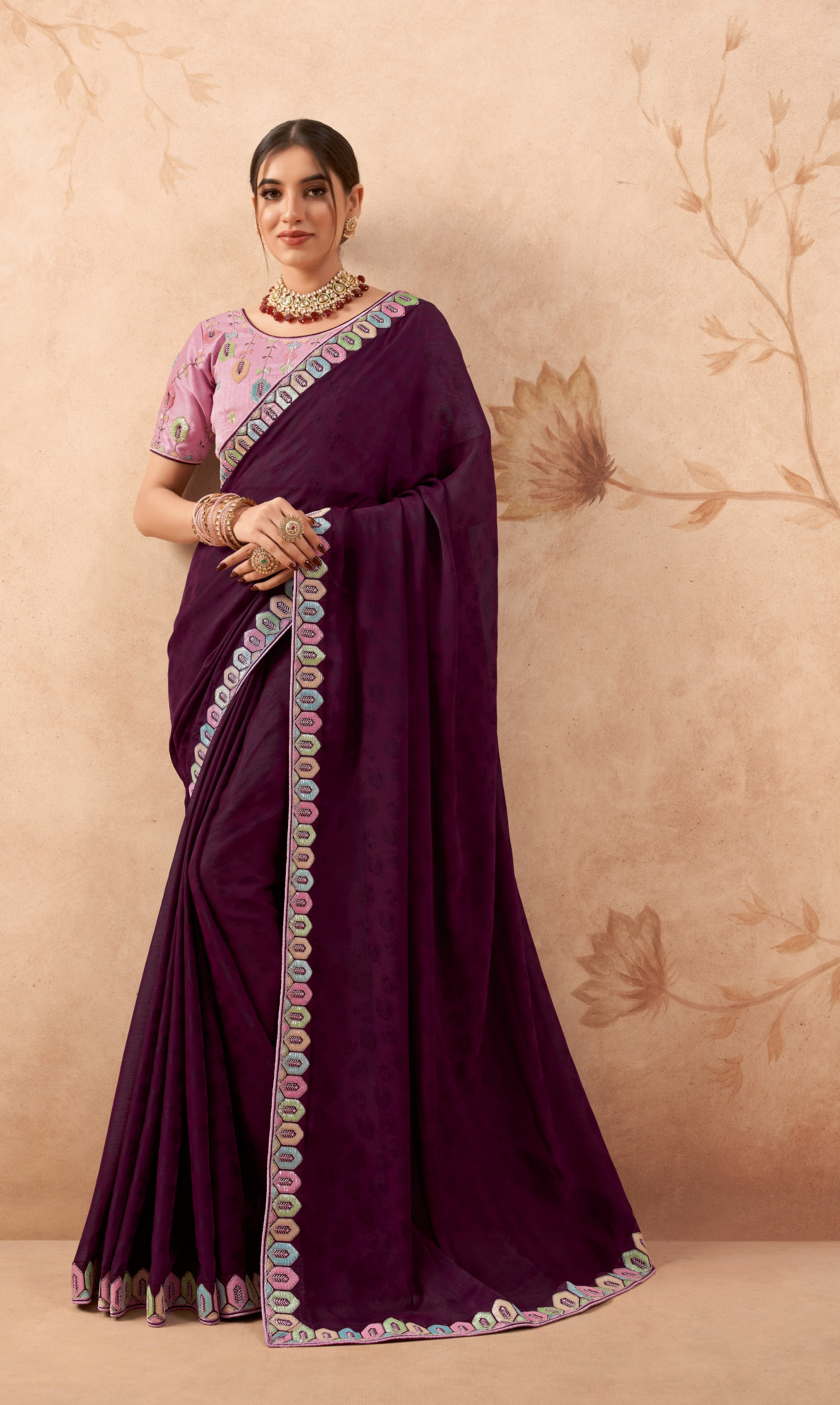 Heartwarming Wine Fancy Embroidered Party Wear Saree