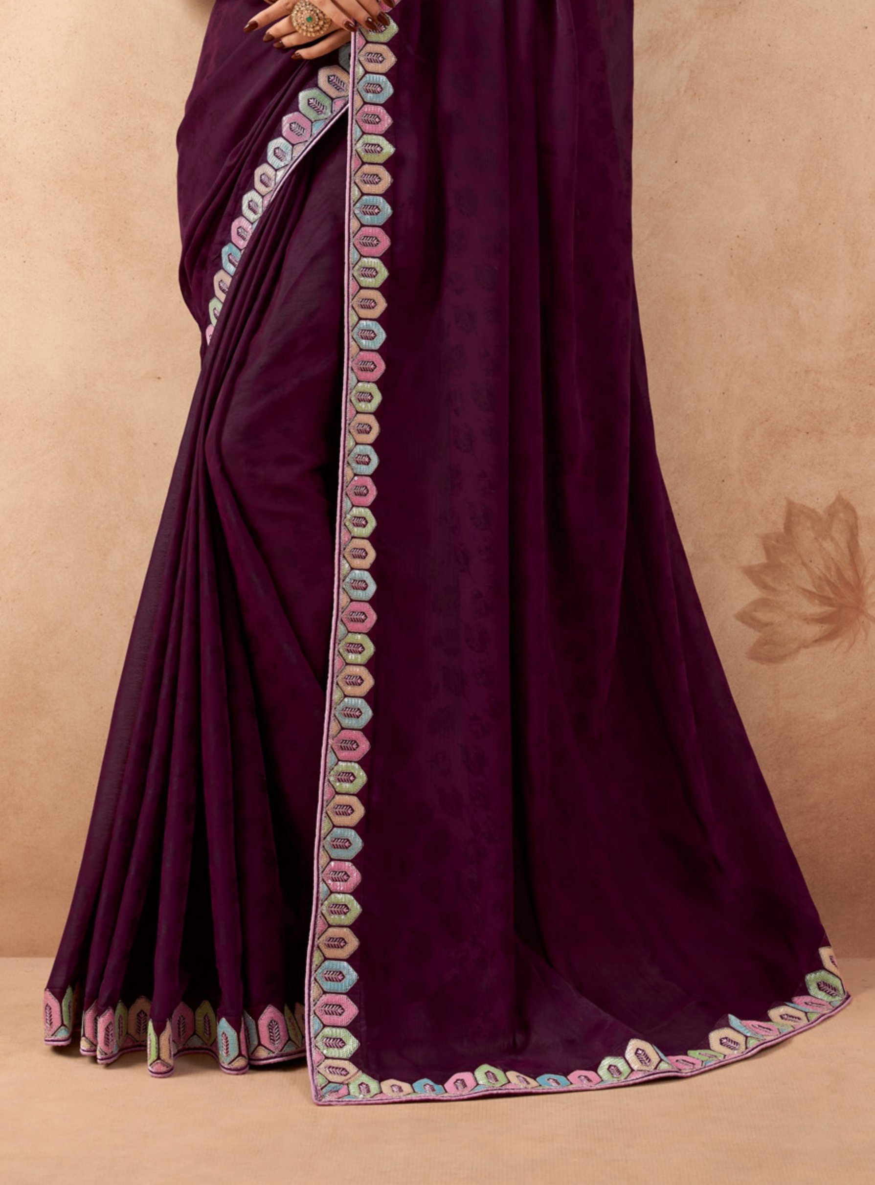 Heartwarming Wine Fancy Embroidered Party Wear Saree