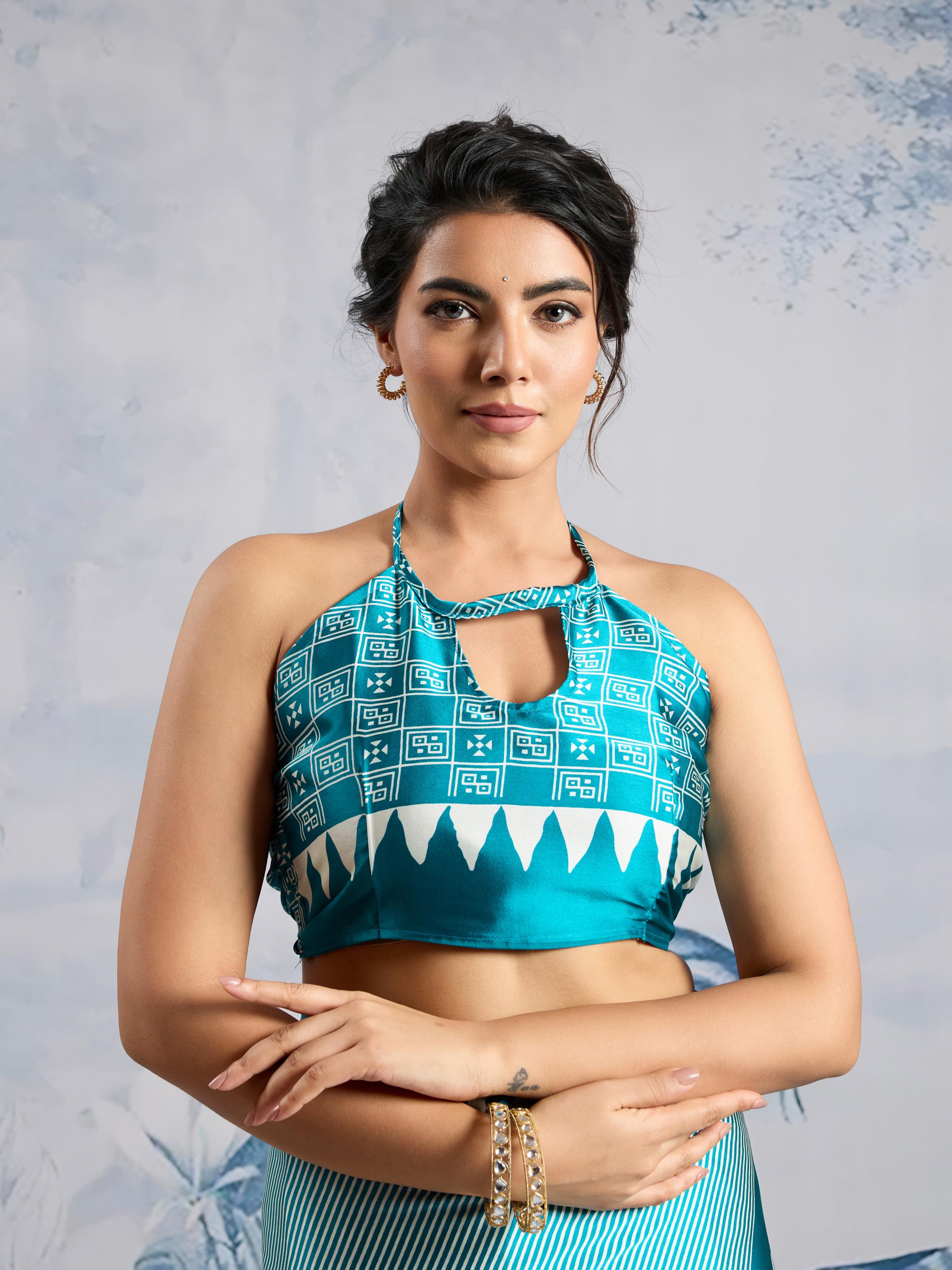 Ocean Blue Ajrakh Printed Satin Crepe Silk Saree
