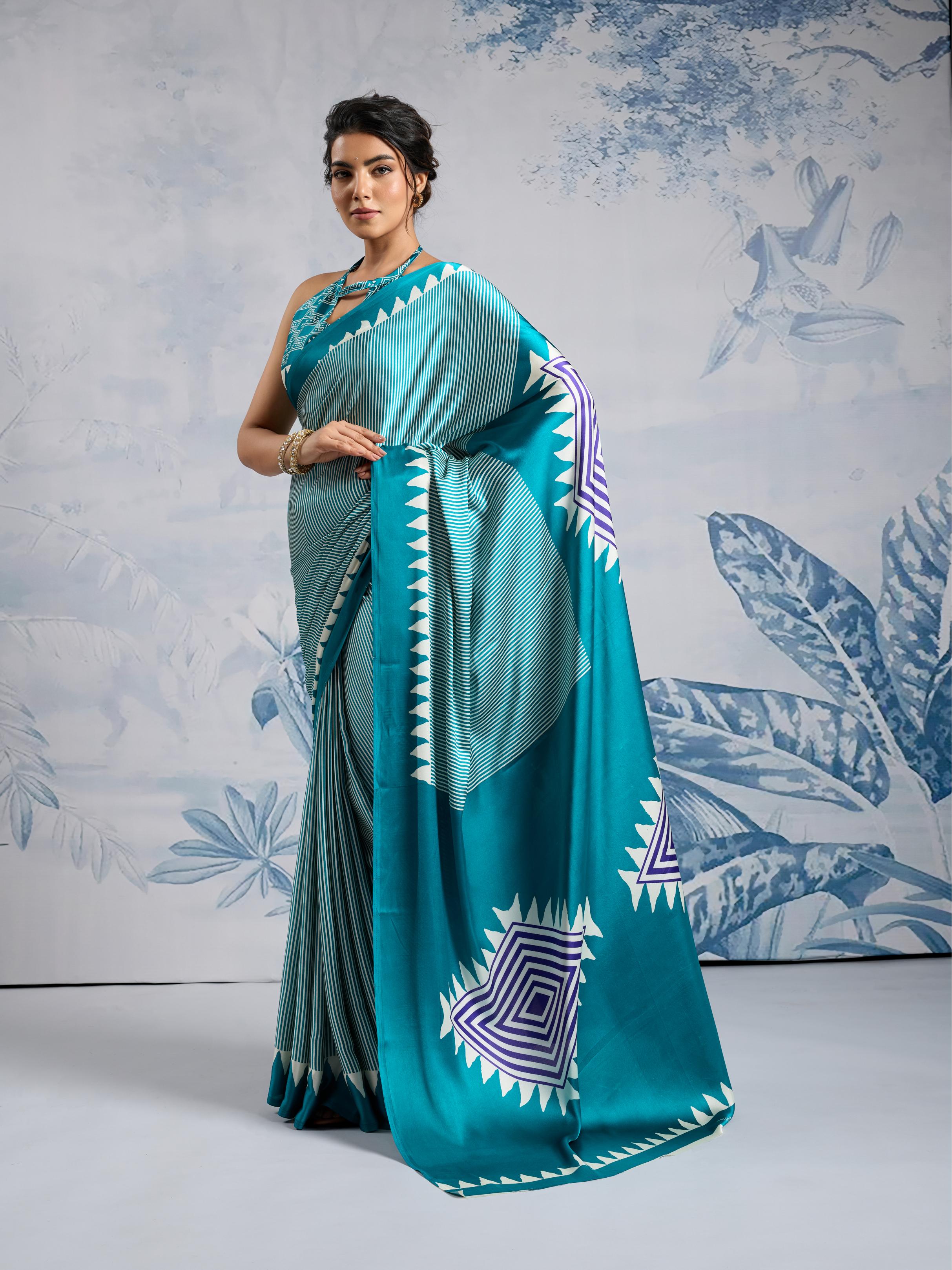Ocean Blue Ajrakh Printed Satin Crepe Silk Saree