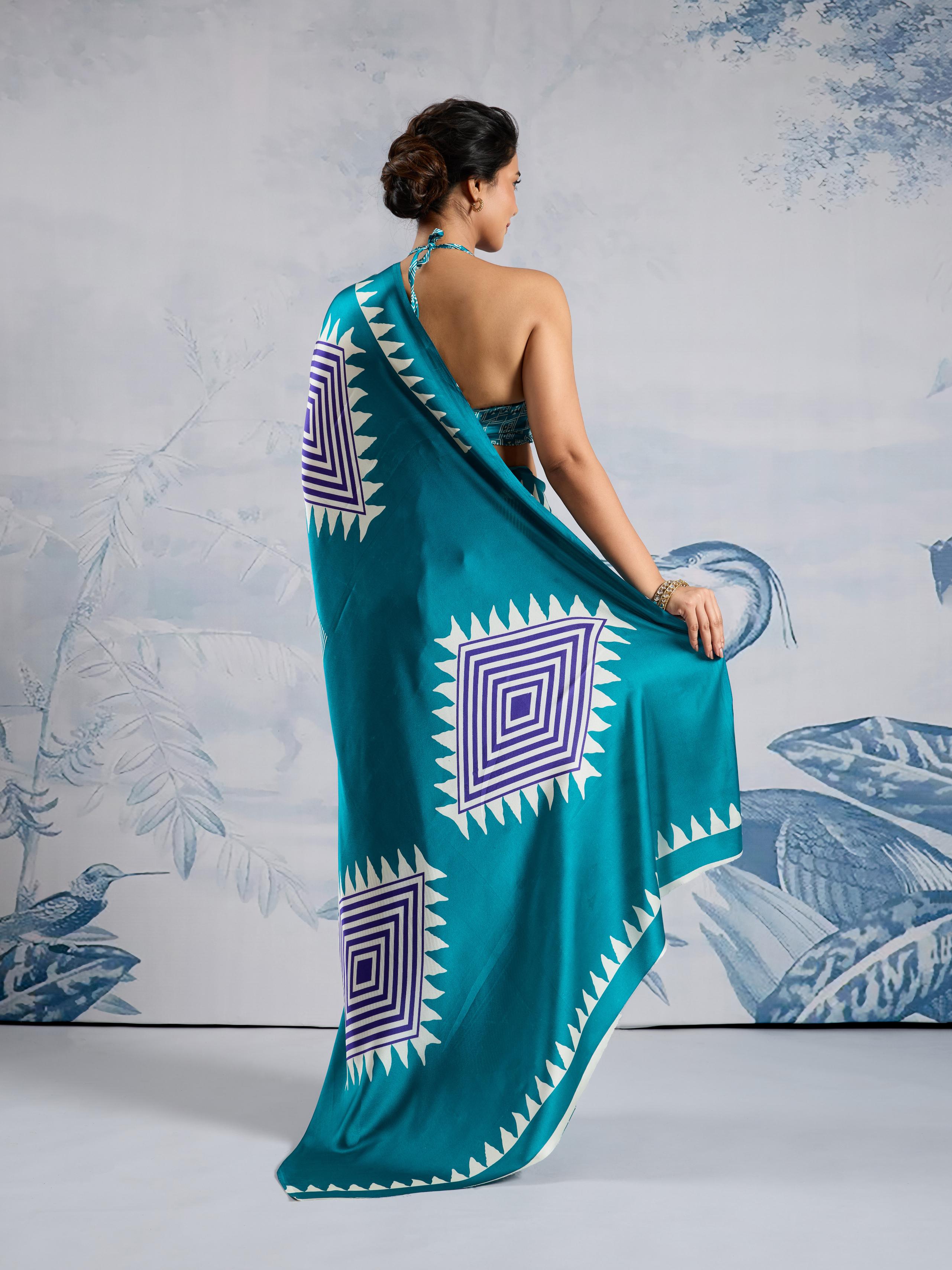 Ocean Blue Ajrakh Printed Satin Crepe Silk Saree