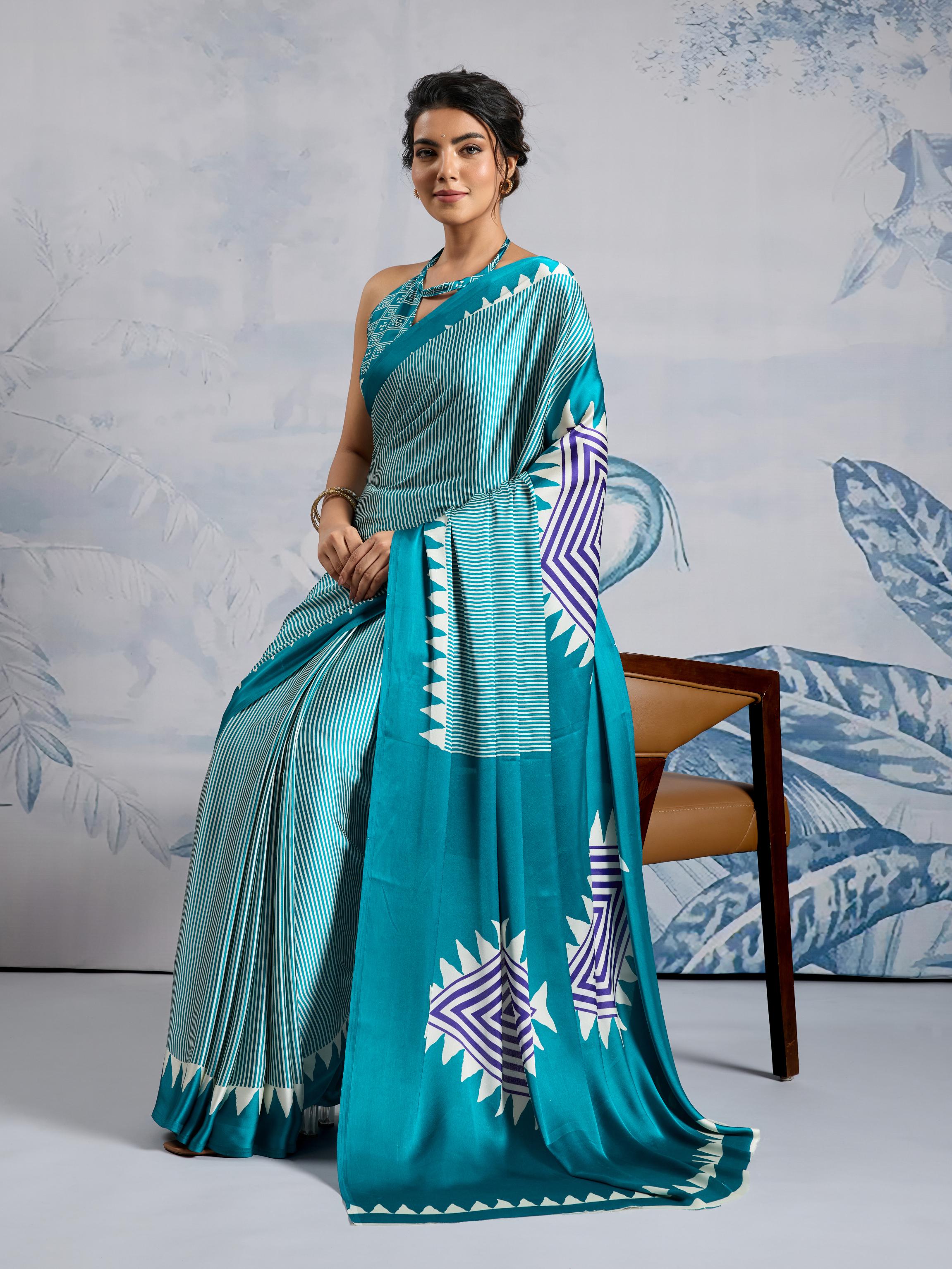 Ocean Blue Ajrakh Printed Satin Crepe Silk Saree