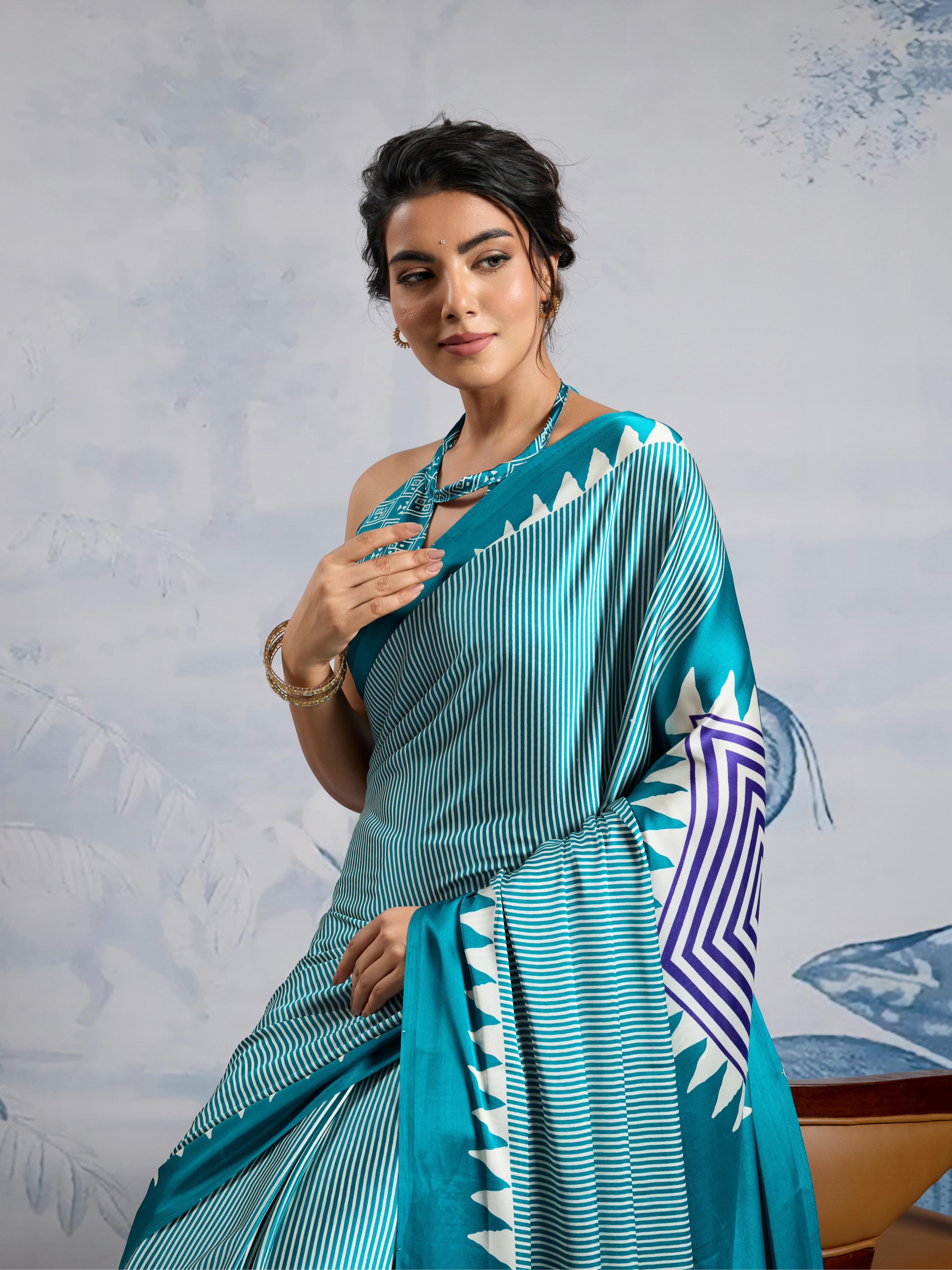 Ocean Blue Ajrakh Printed Satin Crepe Silk Saree