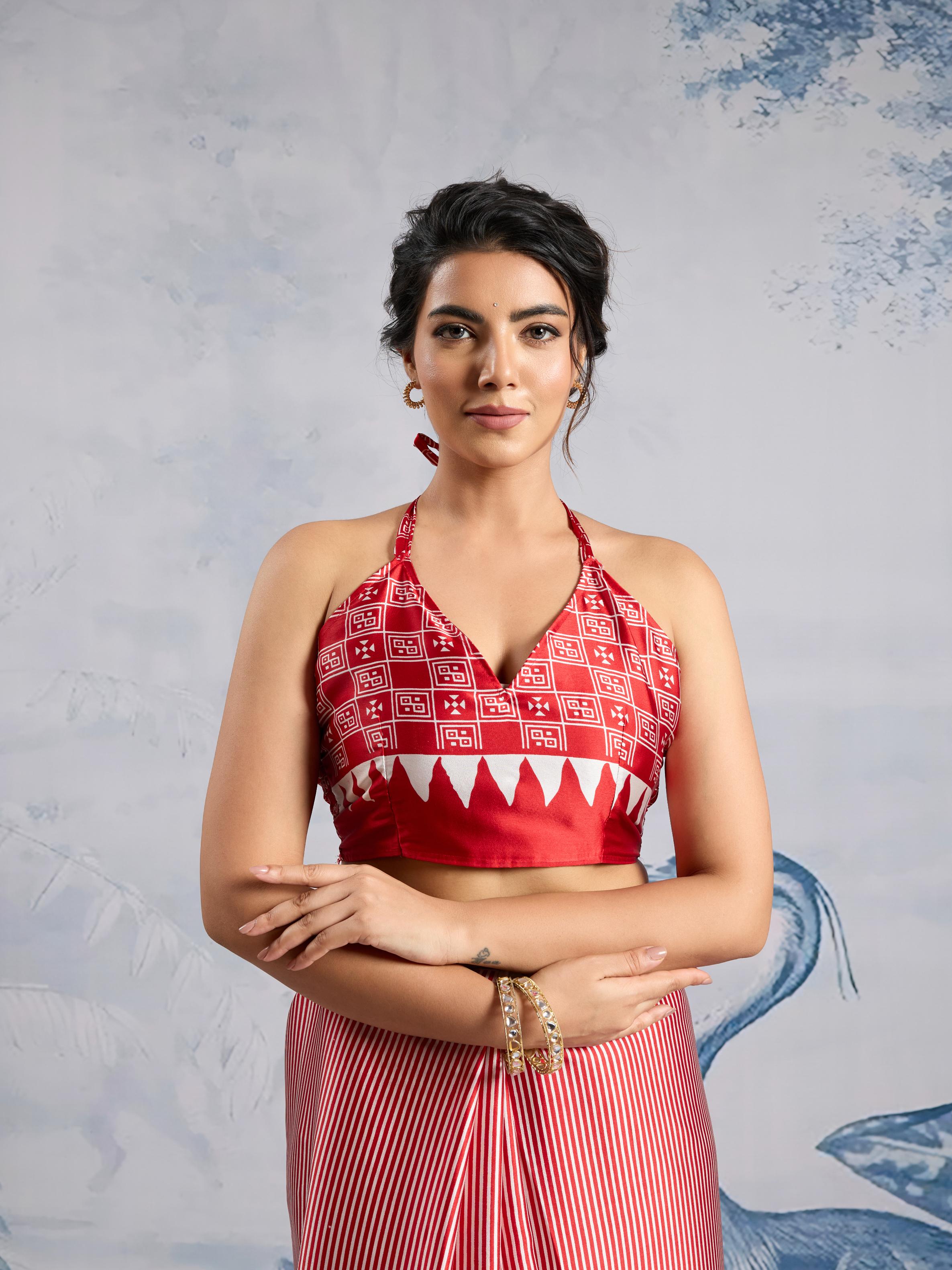Well Red Ajrakh Printed Satin Crepe Silk Saree