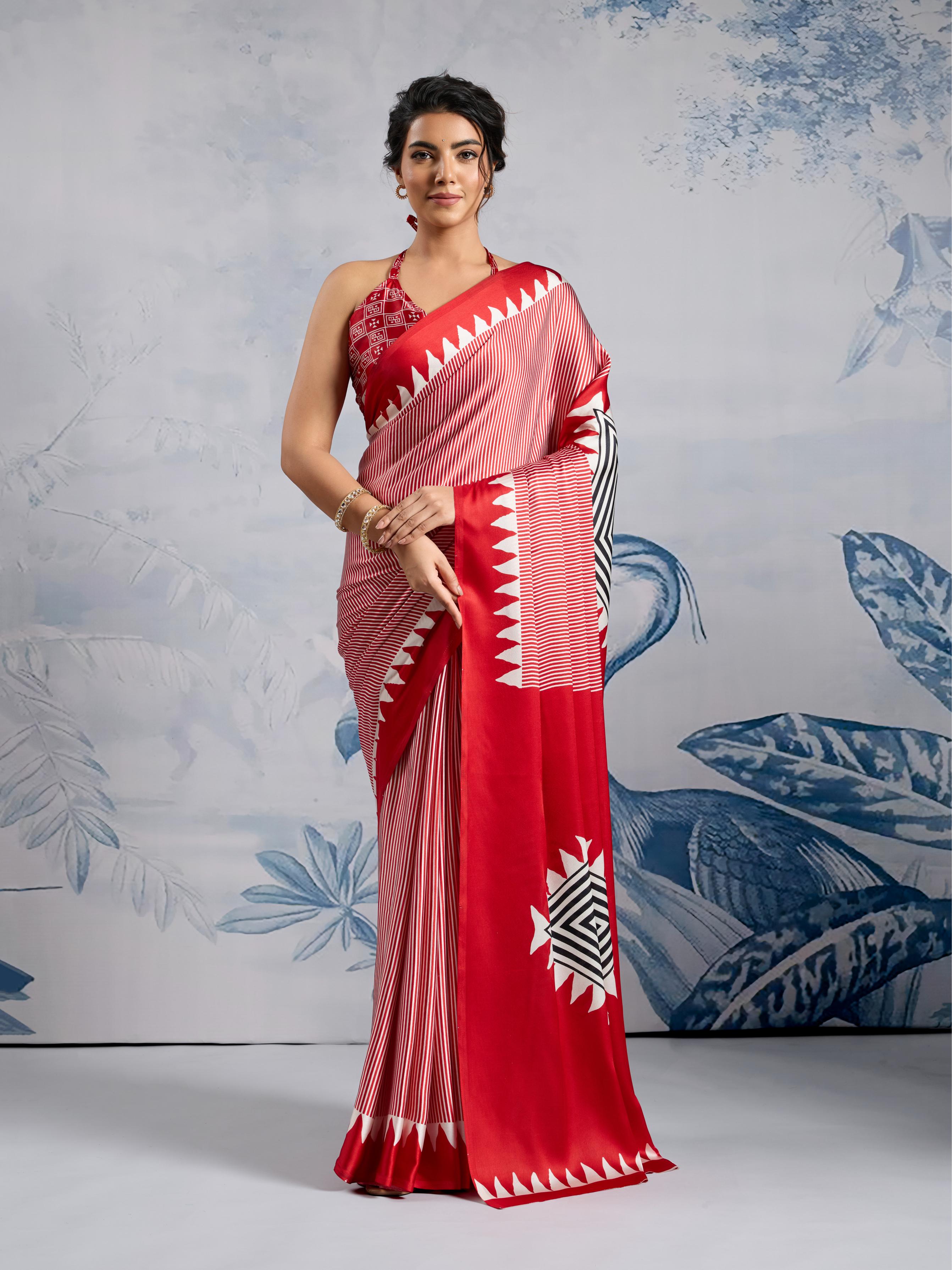 Well Red Ajrakh Printed Satin Crepe Silk Saree