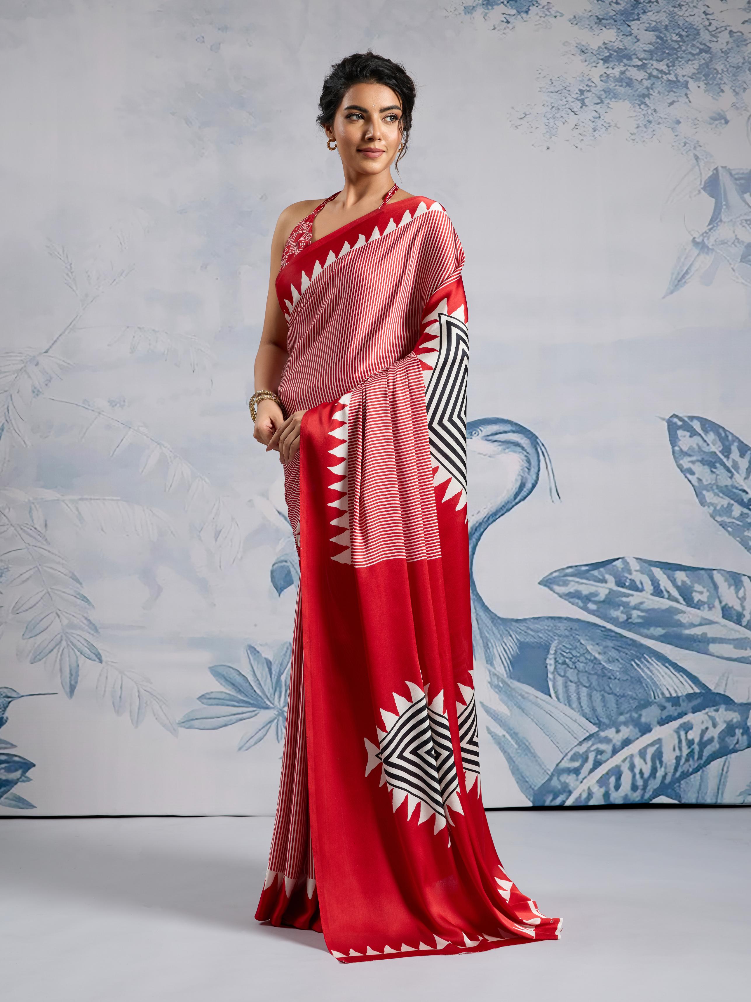 Well Red Ajrakh Printed Satin Crepe Silk Saree