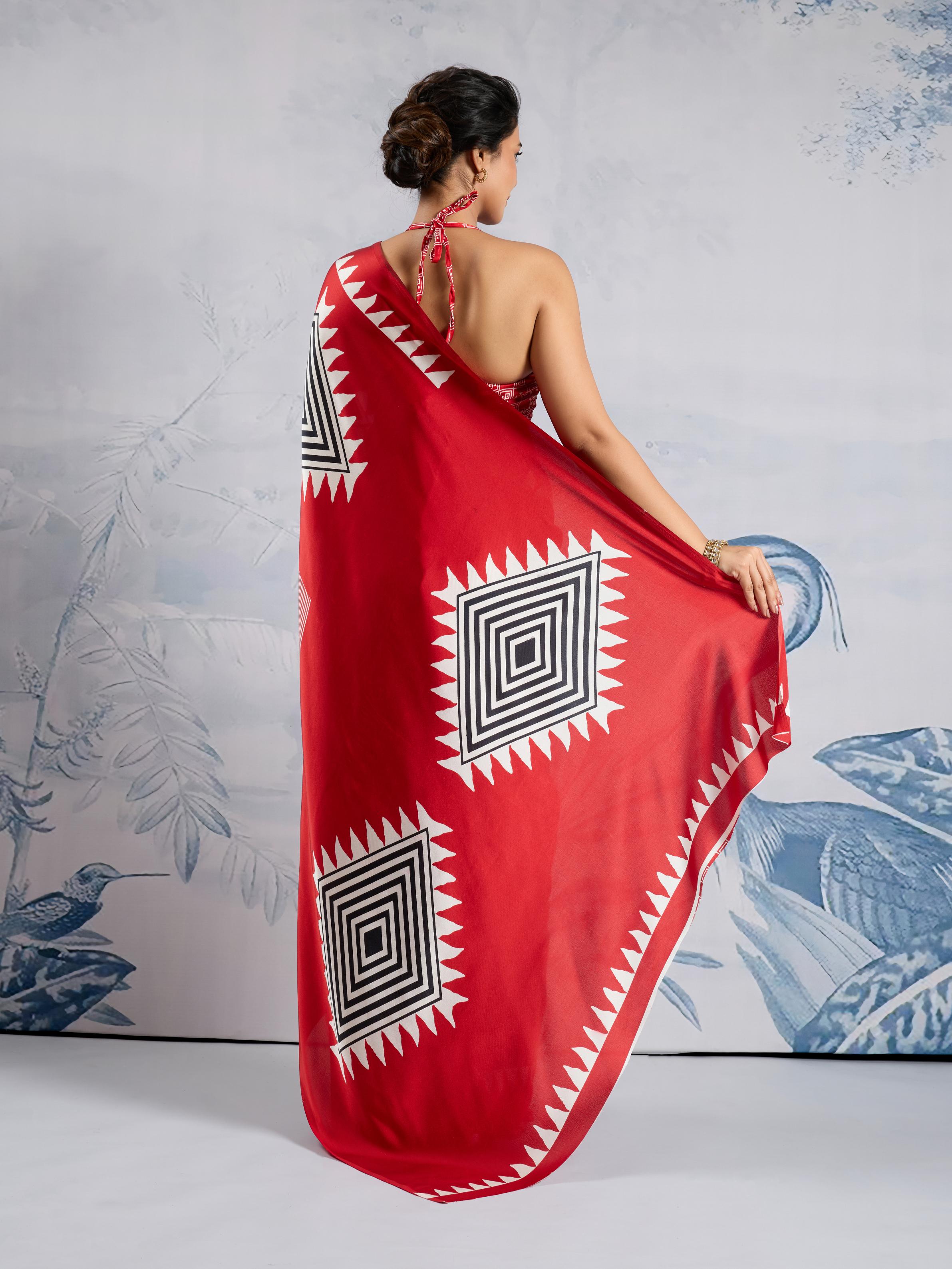 Well Red Ajrakh Printed Satin Crepe Silk Saree