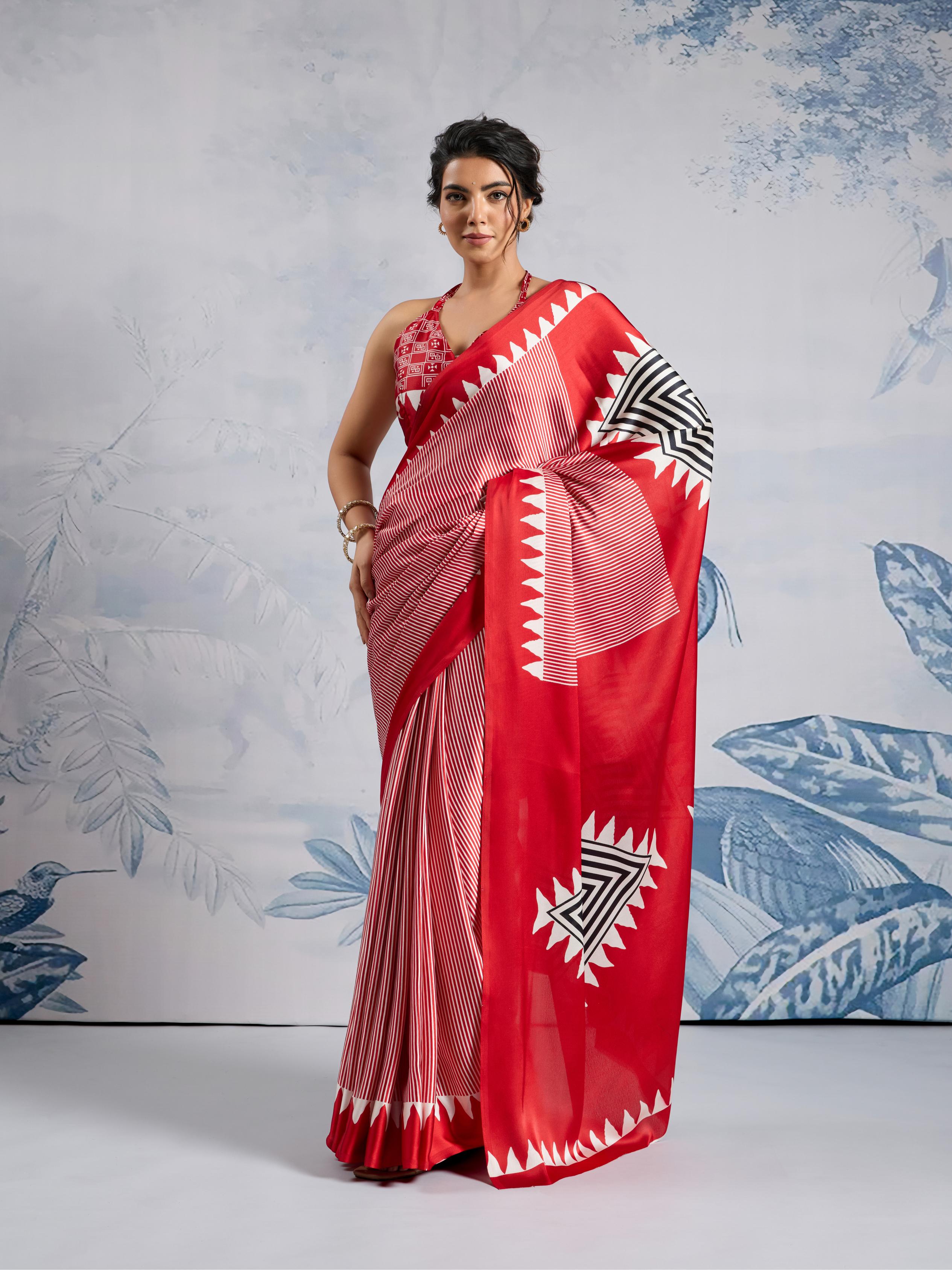 Well Red Ajrakh Printed Satin Crepe Silk Saree