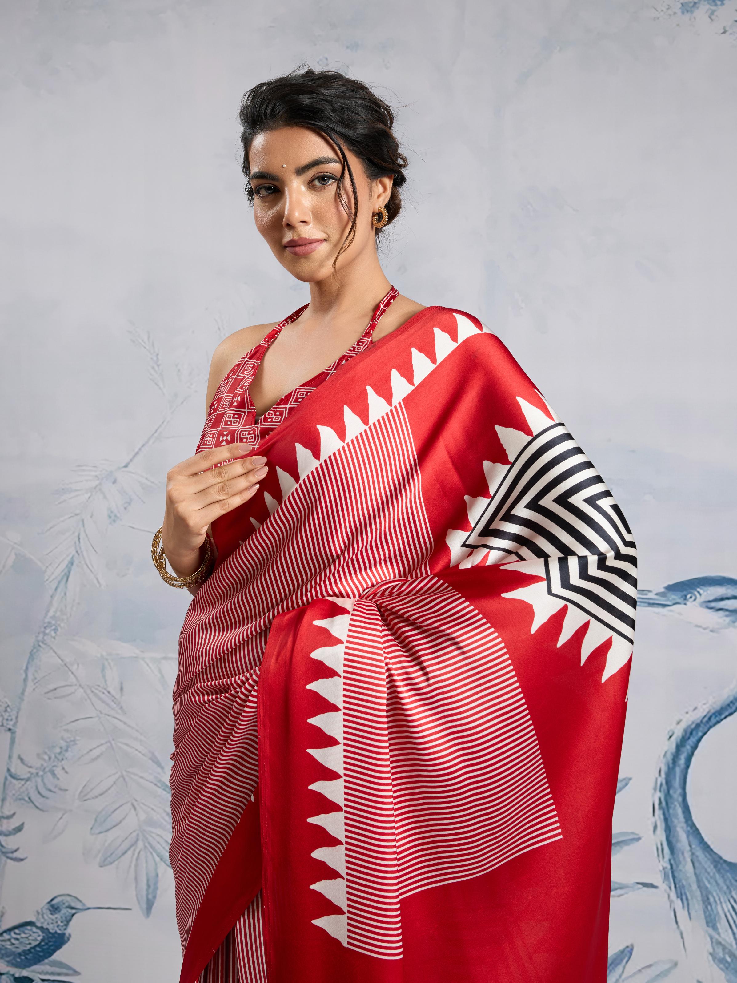Well Red Ajrakh Printed Satin Crepe Silk Saree
