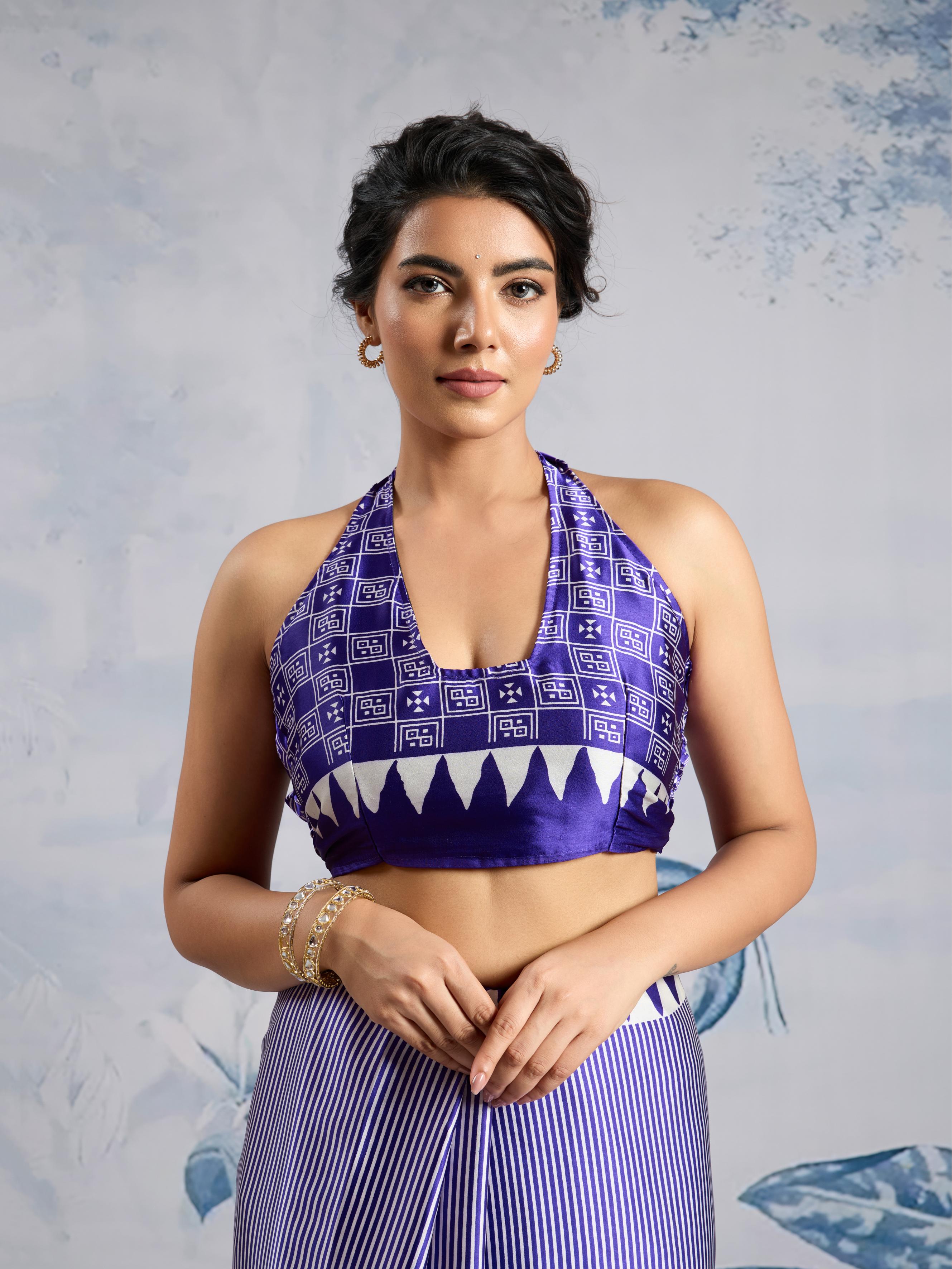 Spruce Blue Ajrakh Printed Satin Crepe Silk Saree