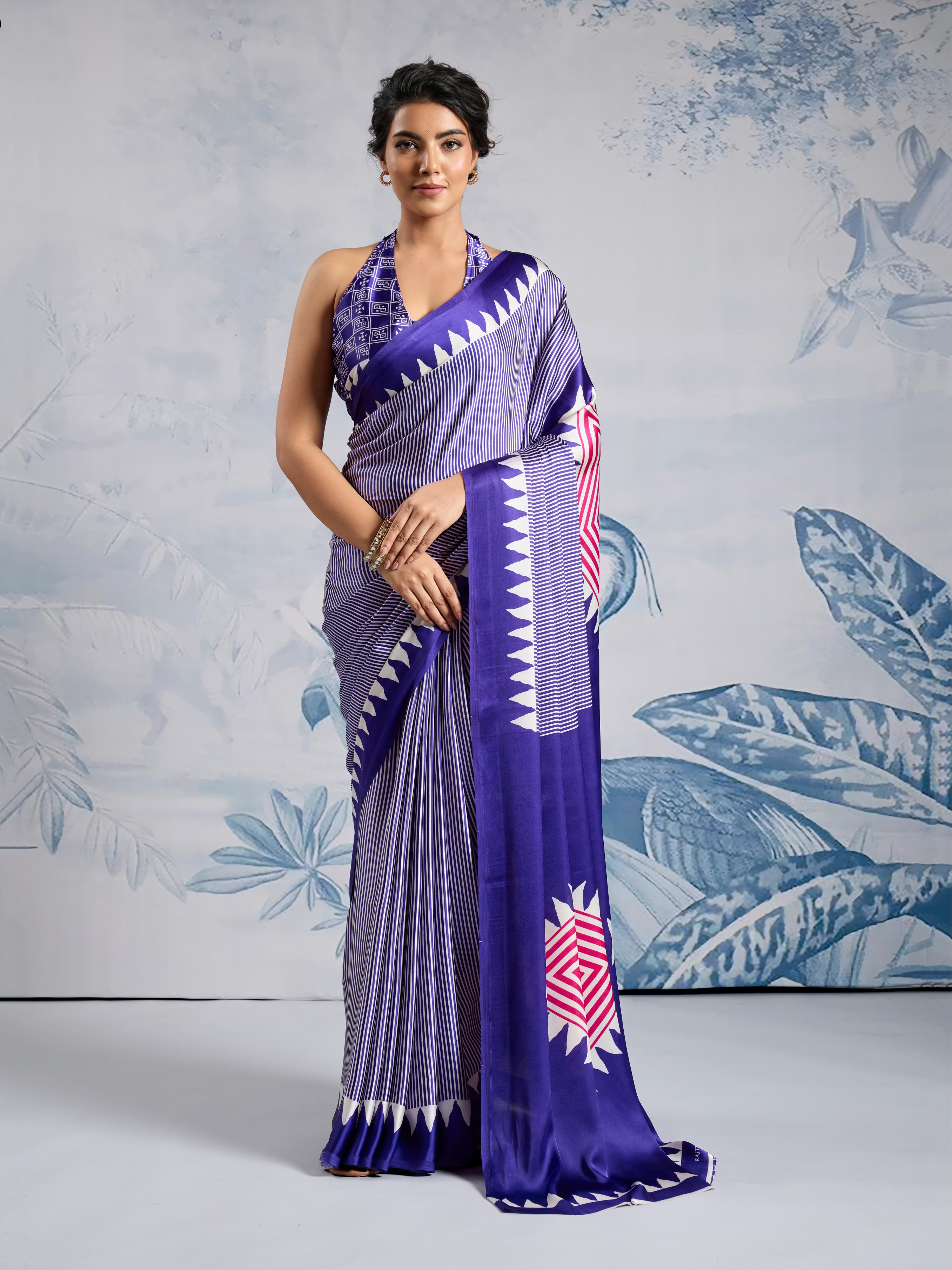 Spruce Blue Ajrakh Printed Satin Crepe Silk Saree