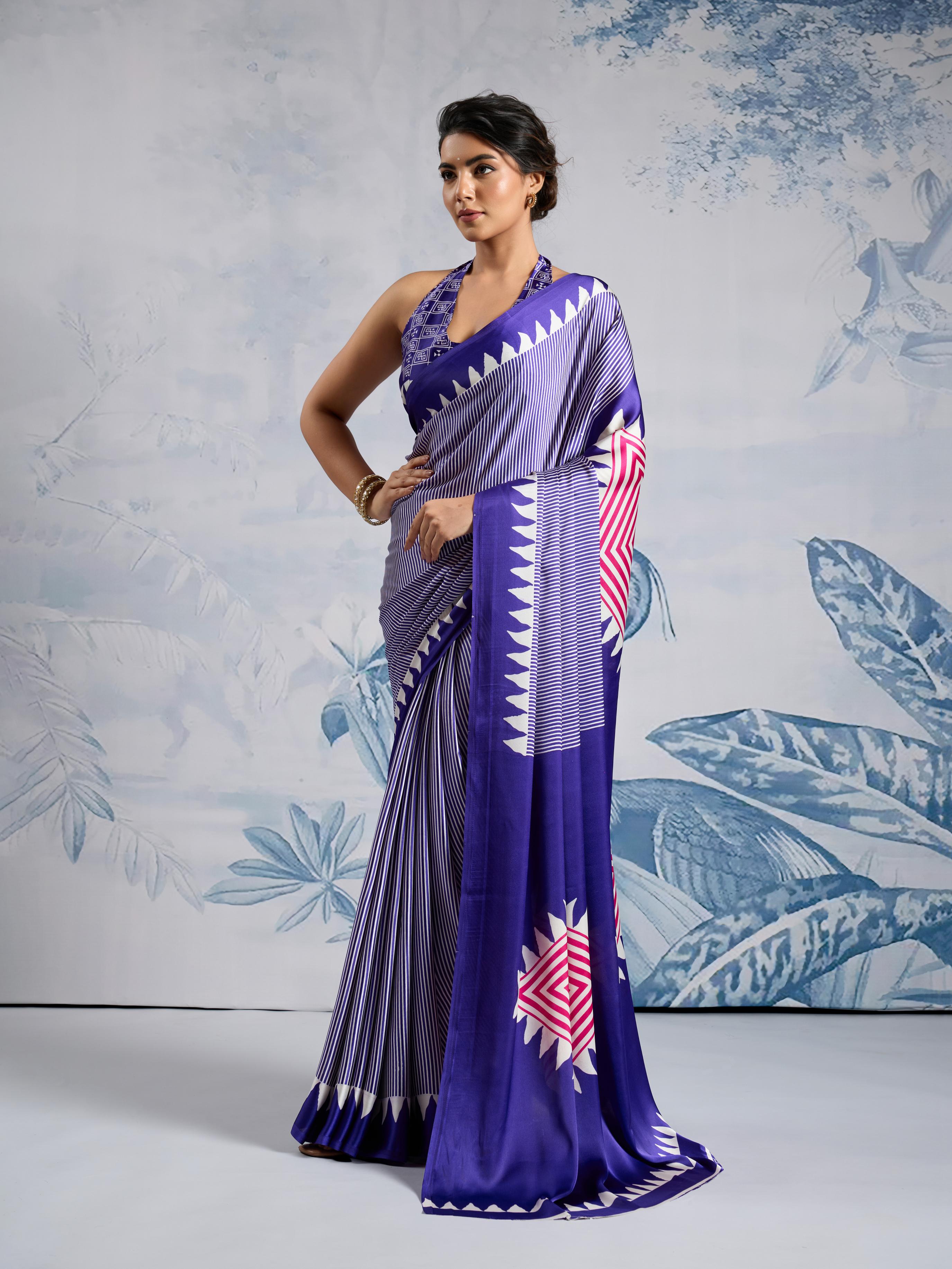 Spruce Blue Ajrakh Printed Satin Crepe Silk Saree