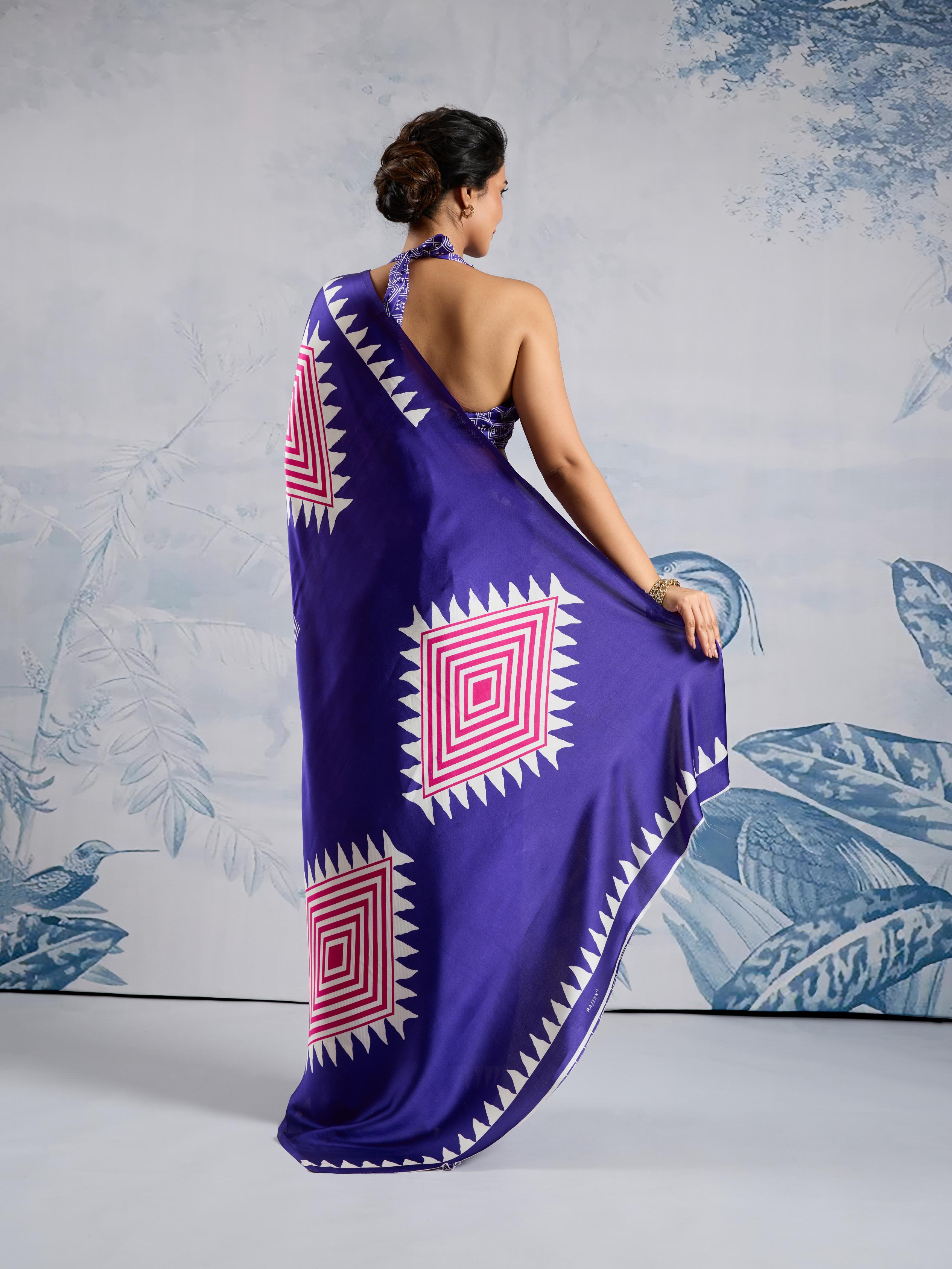 Spruce Blue Ajrakh Printed Satin Crepe Silk Saree