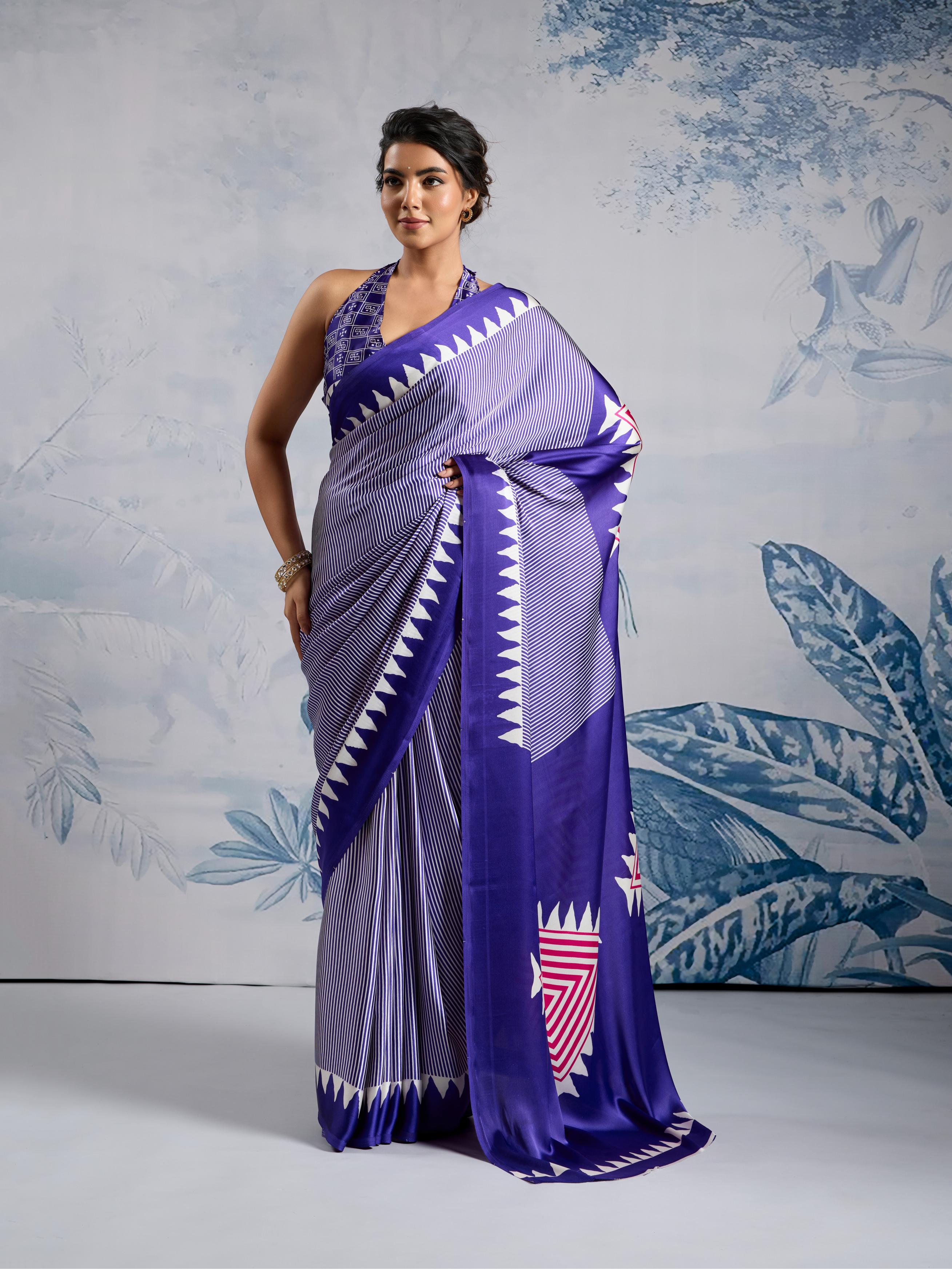 Spruce Blue Ajrakh Printed Satin Crepe Silk Saree