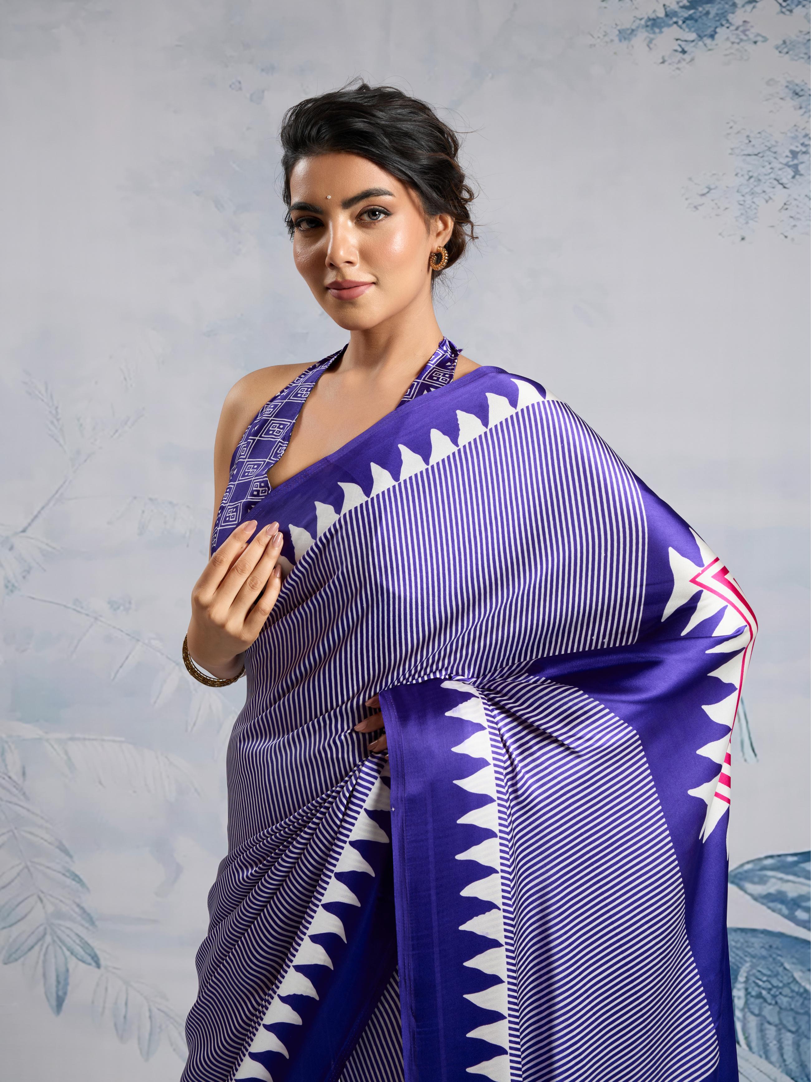 Spruce Blue Ajrakh Printed Satin Crepe Silk Saree