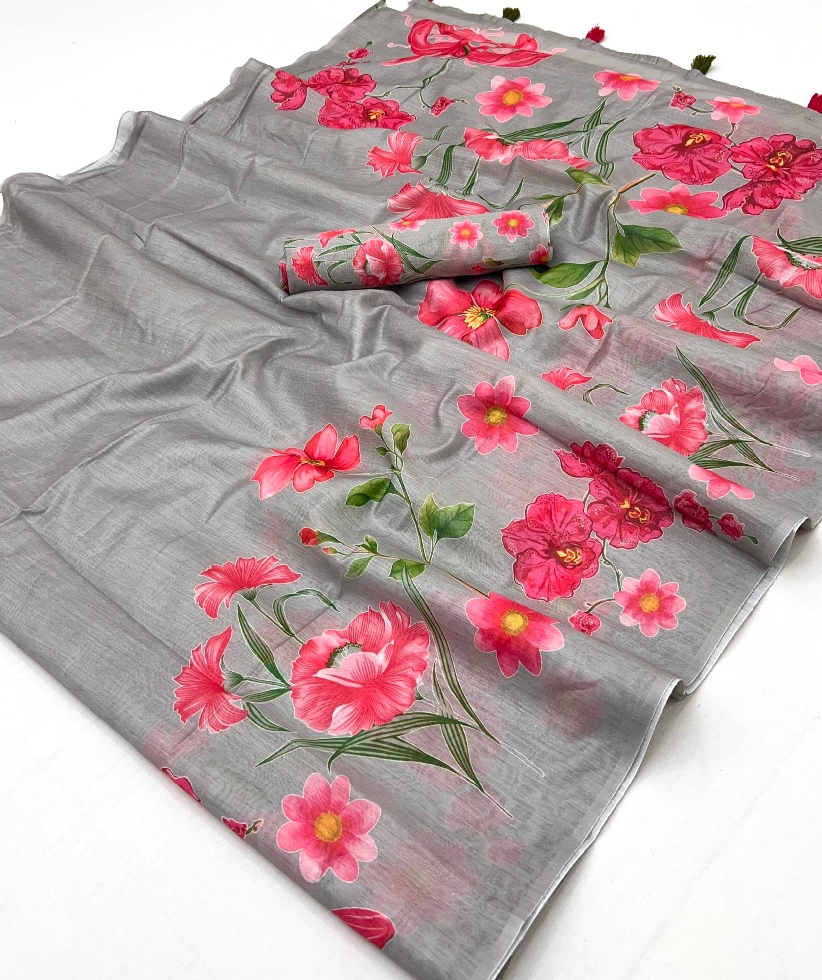 Flameboyant Grey Chanderi Cotton Soft Silk Saree