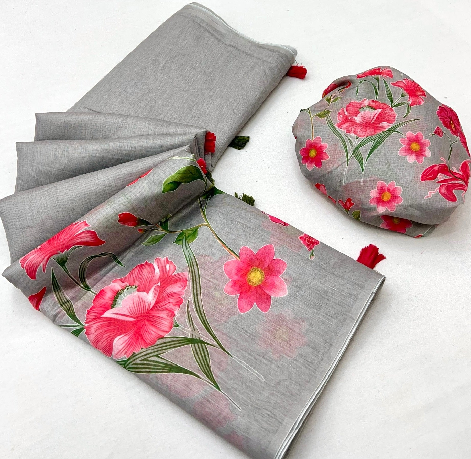 Flameboyant Grey Chanderi Cotton Soft Silk Saree