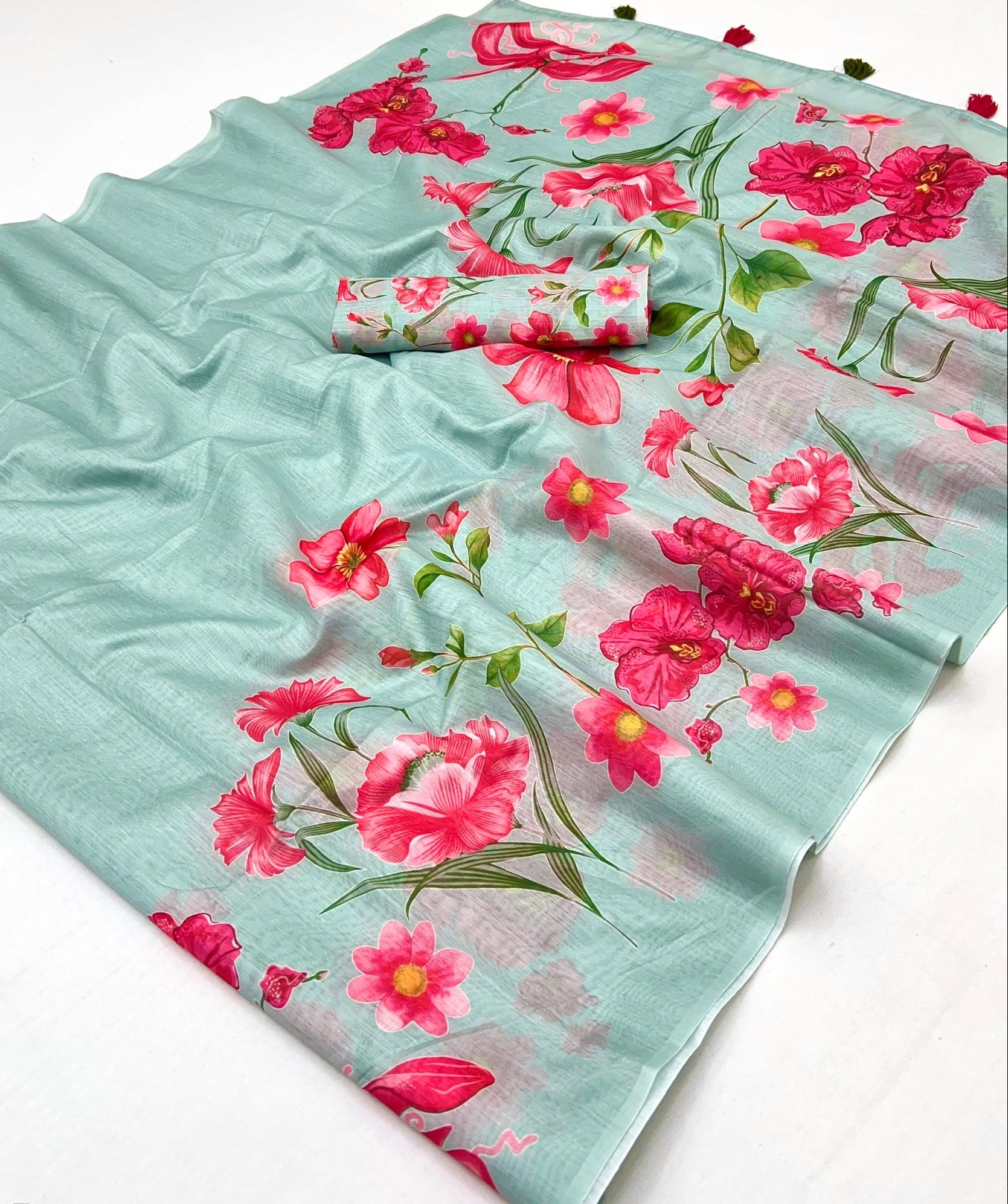 Ornate Water Blue Chanderi Cotton Soft Silk Saree