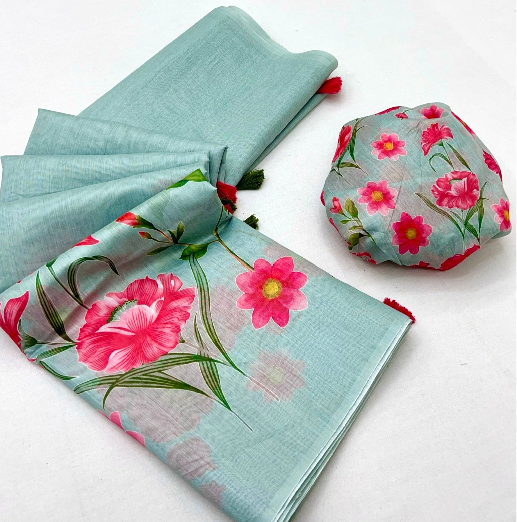 Ornate Water Blue Chanderi Cotton Soft Silk Saree