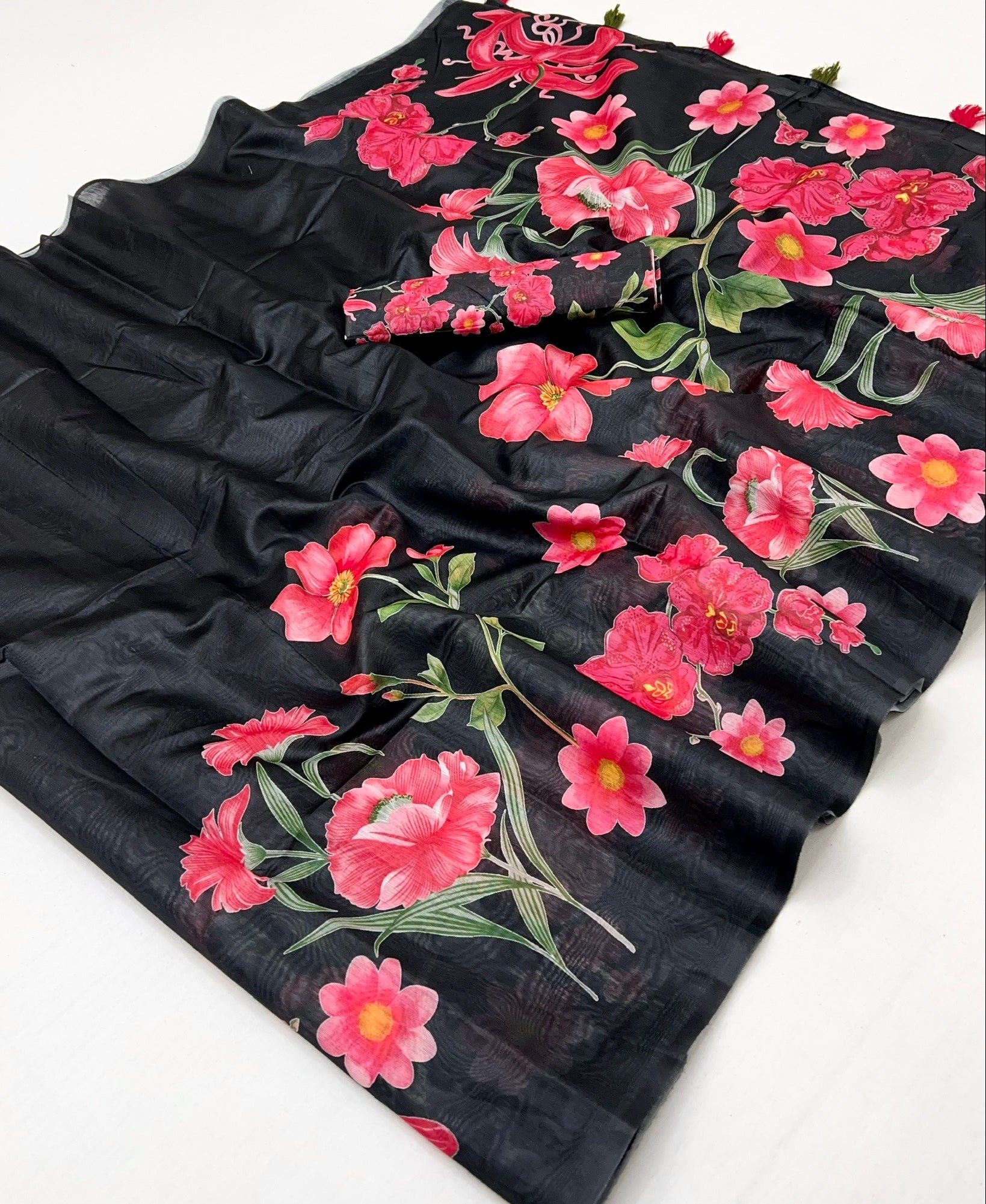Blooming Black Chanderi Cotton Soft Silk Saree