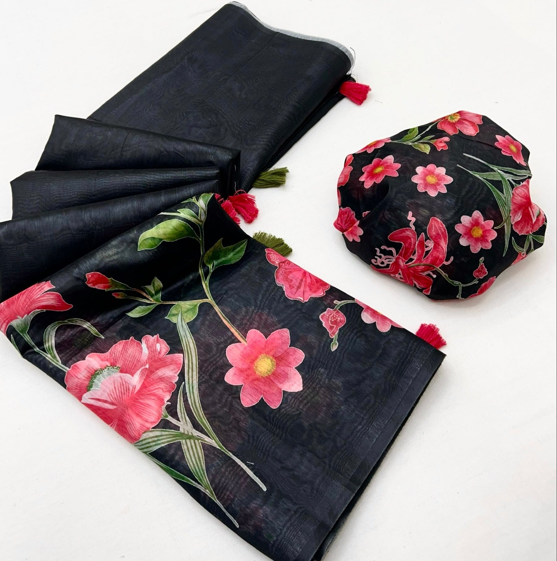 Blooming Black Chanderi Cotton Soft Silk Saree