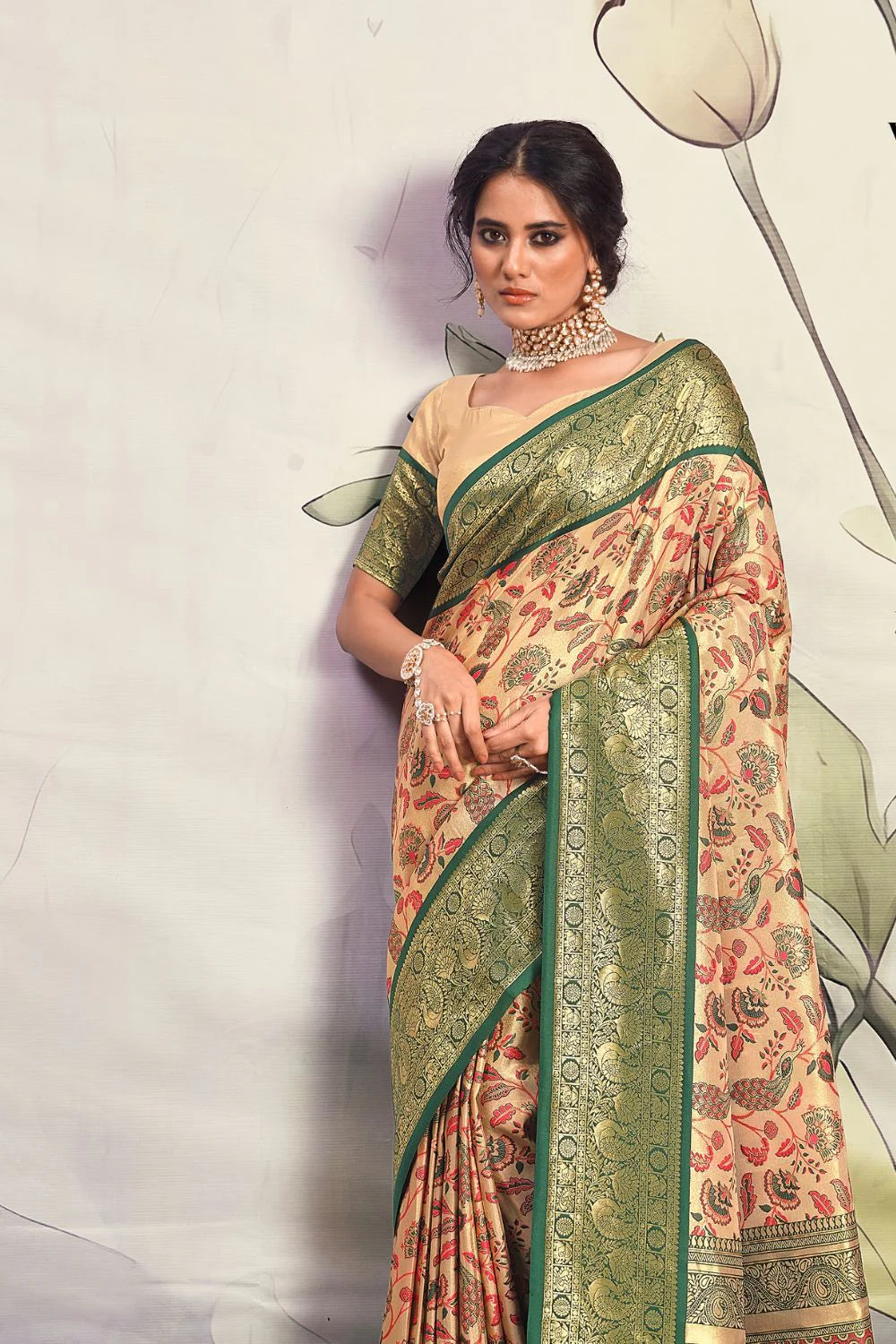 Inviting Cream & Green Pure Silk Saree