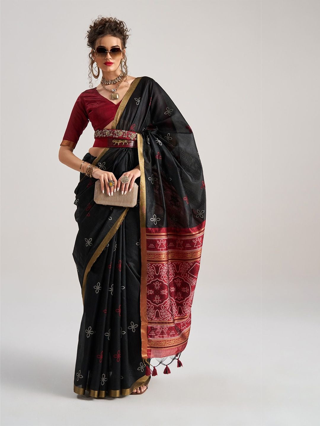 Charcoal Black Patola Handloom Saree With Fancy Blouse