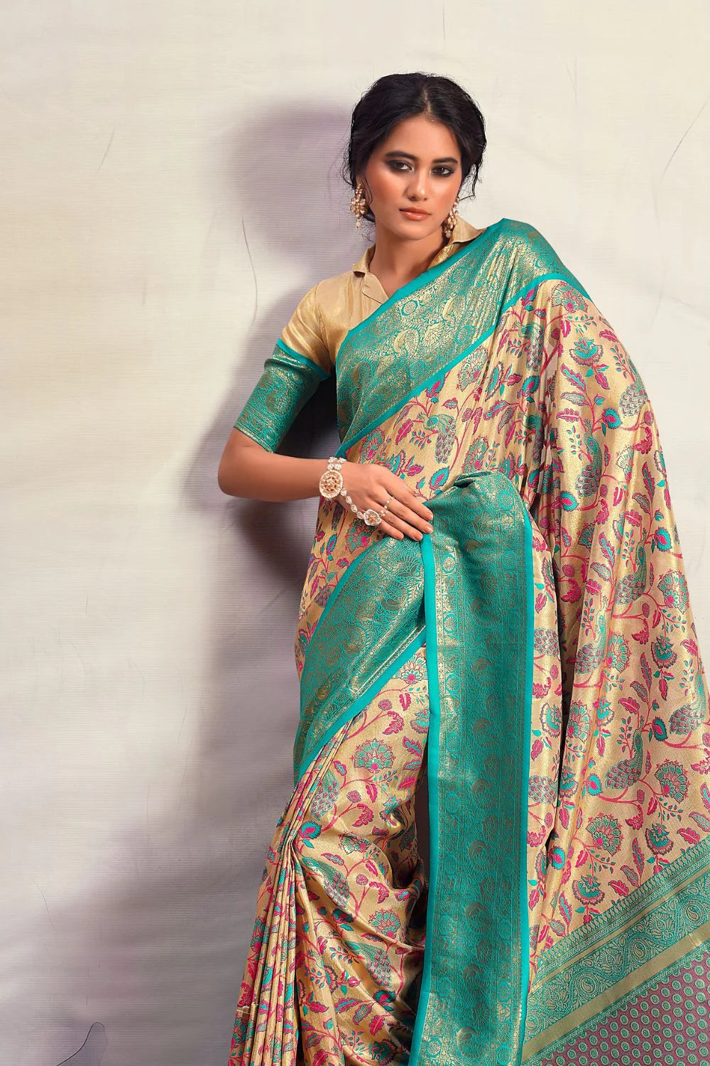 Glam Cream & Sky Blue Pure Silk Saree