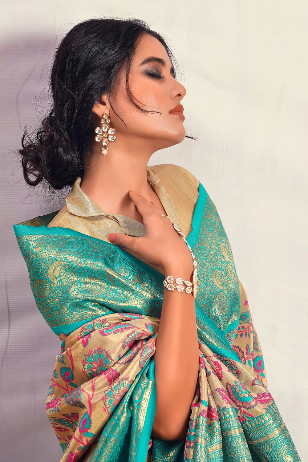 Glam Cream & Sky Blue Pure Silk Saree