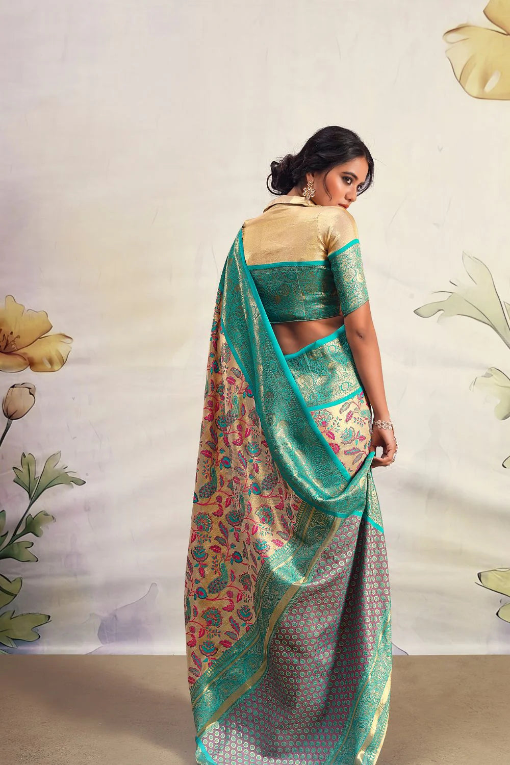 Glam Cream & Sky Blue Pure Silk Saree