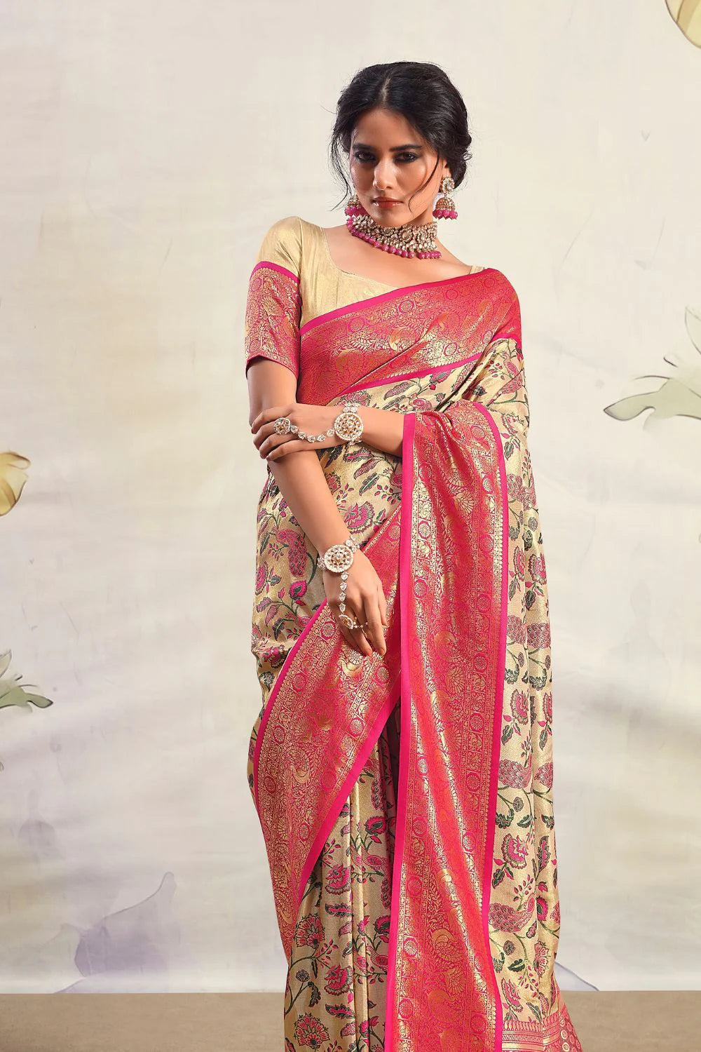 Vibrant Cream & Pink Pure Silk Saree