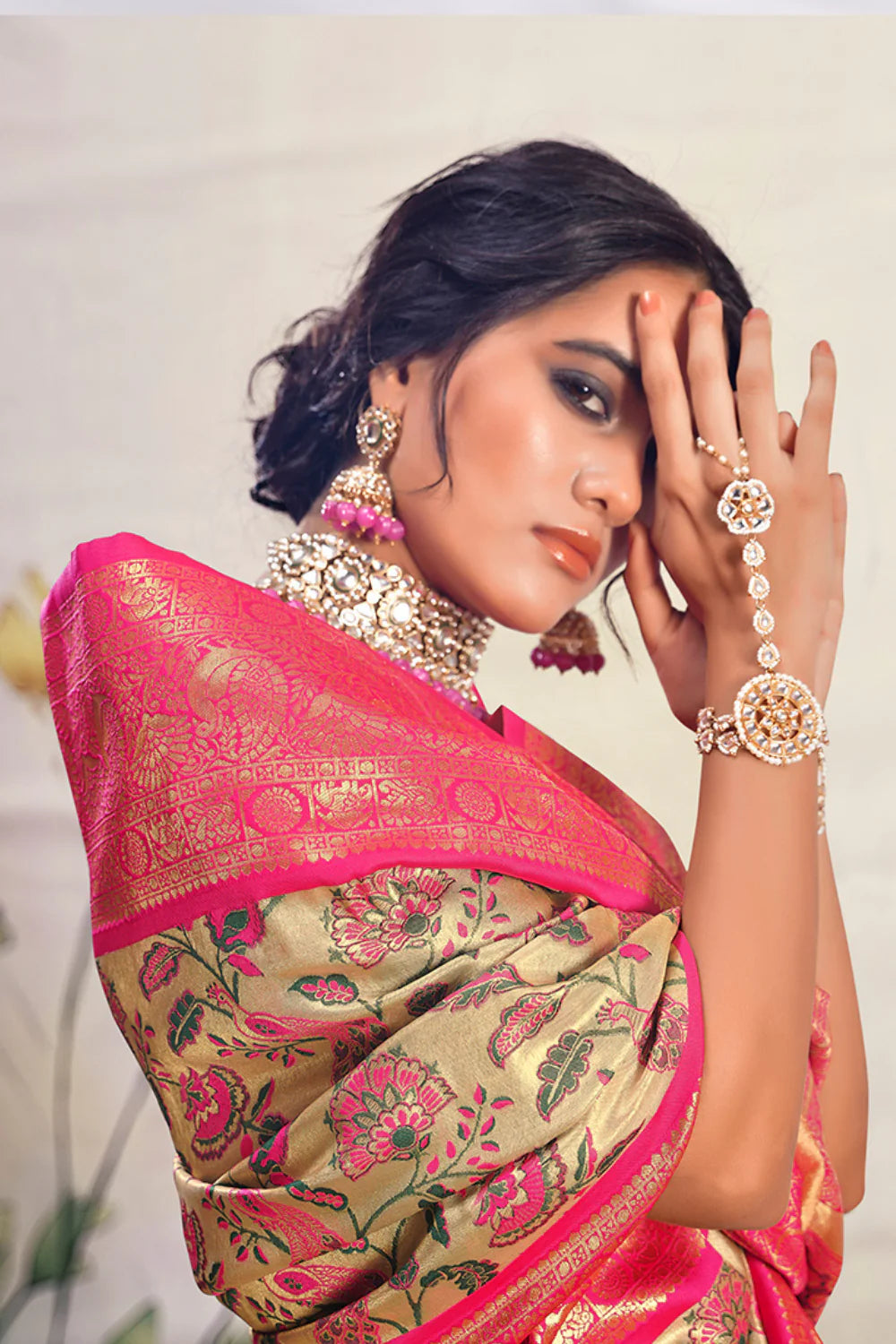 Vibrant Cream & Pink Pure Silk Saree